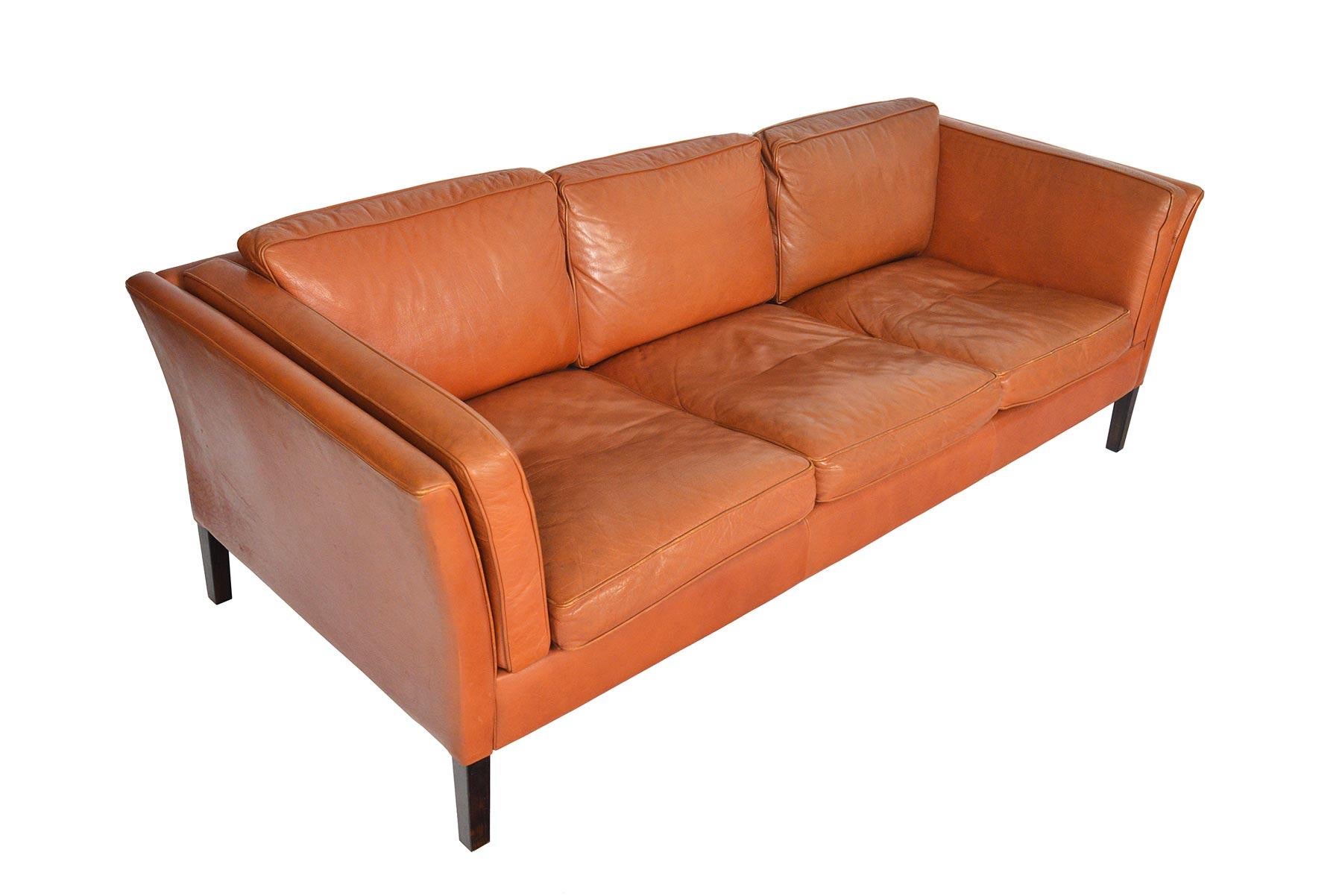 Scandinavian Modern Danish Mid-Century Modern Three-Seat Leather Sofa in Cognac