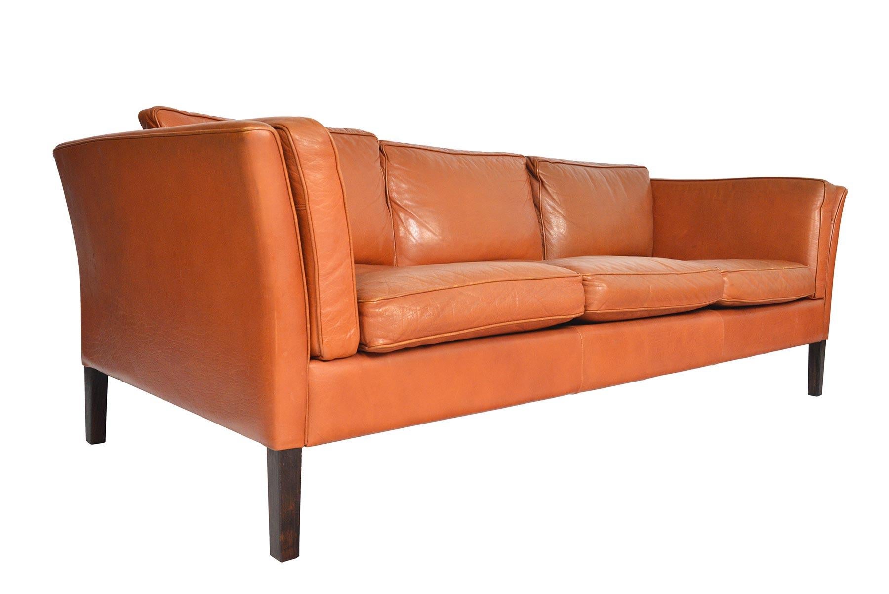 Danish Mid-Century Modern Three-Seat Leather Sofa in Cognac In Good Condition In Berkeley, CA