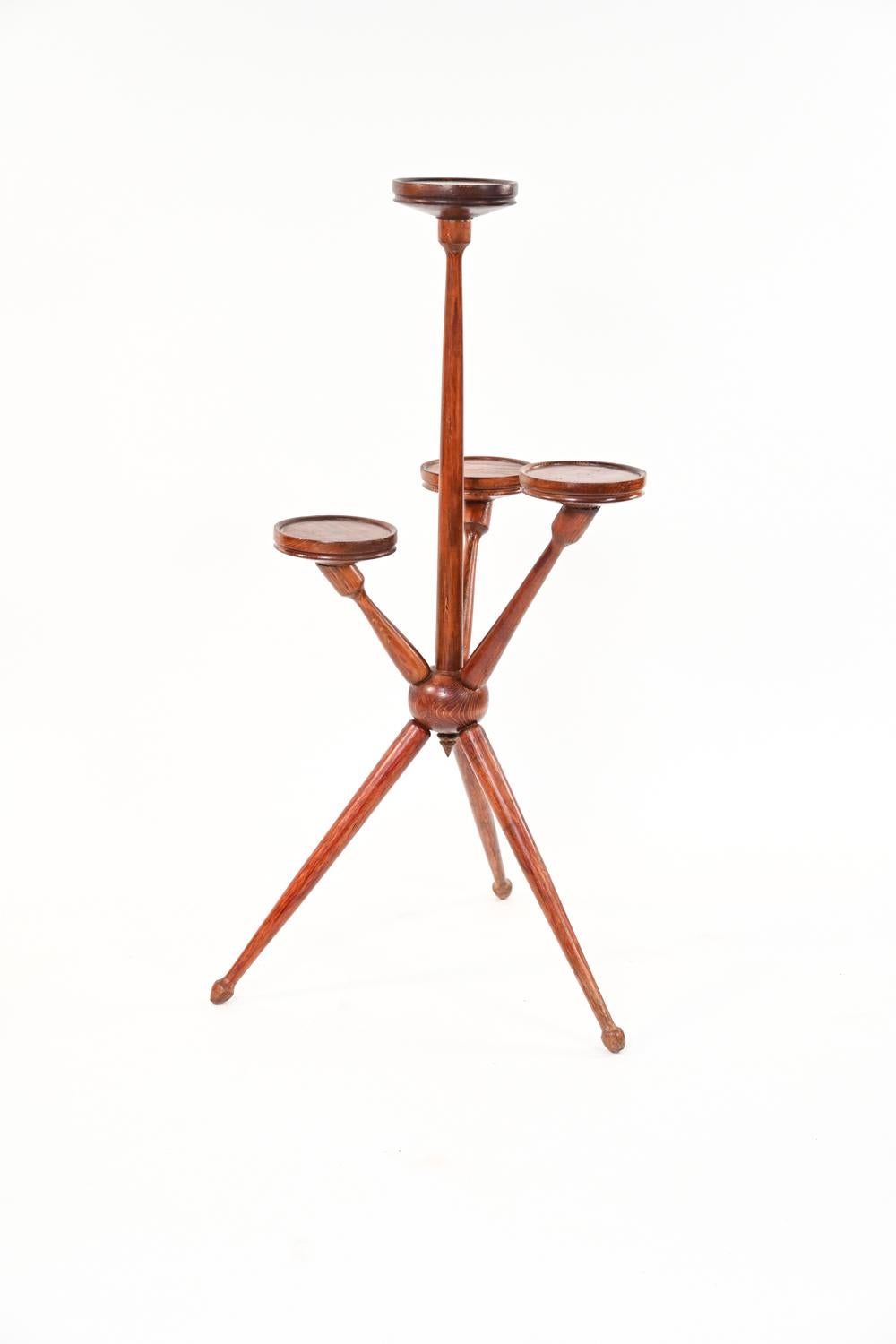 Stained Danish Mid-Century Modern Tripod Tiered Plant Stand