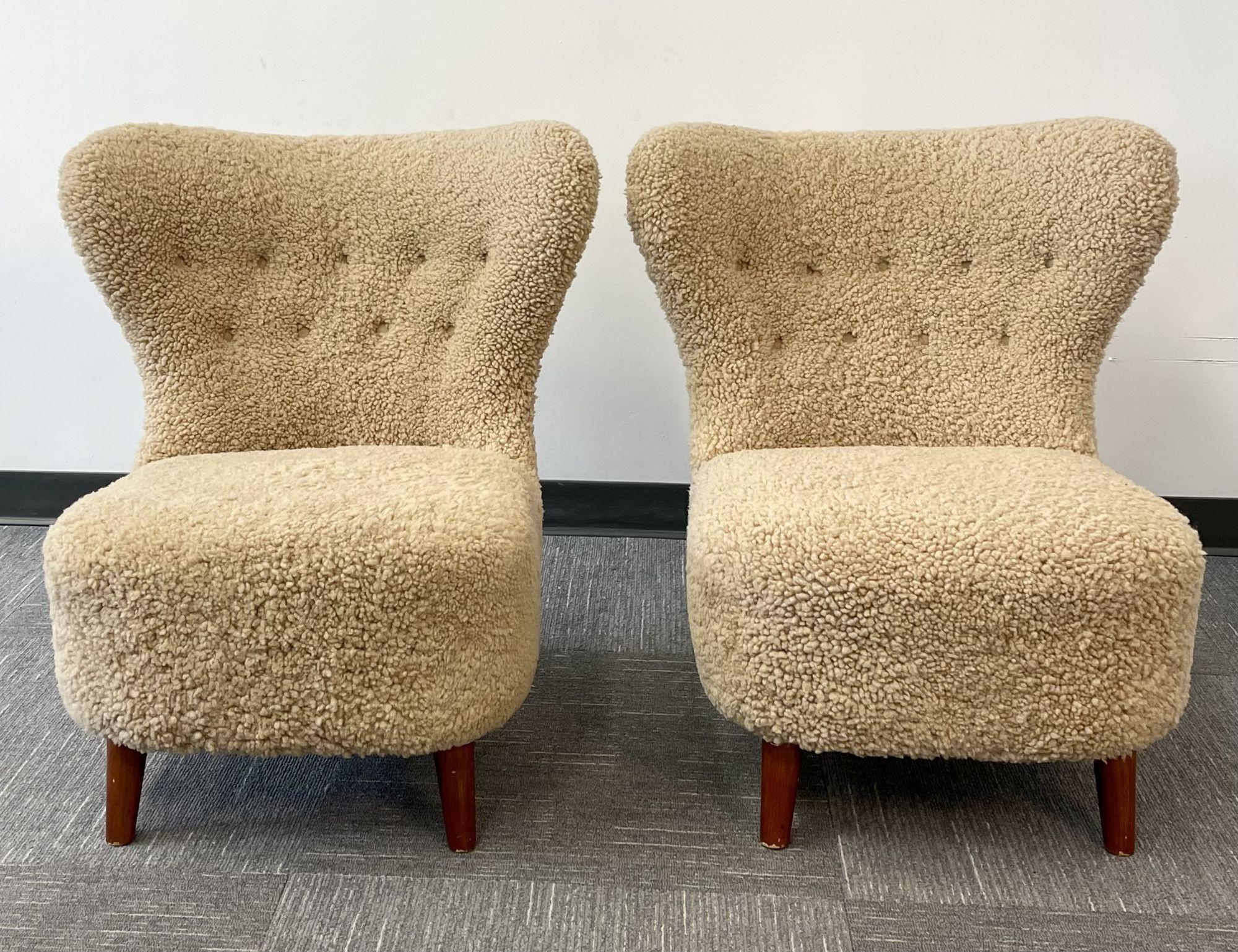 20th Century Danish Cabinetmaker, Slipper Chairs, Sheepskin, Lacquered Beech, Denmark, 1960s