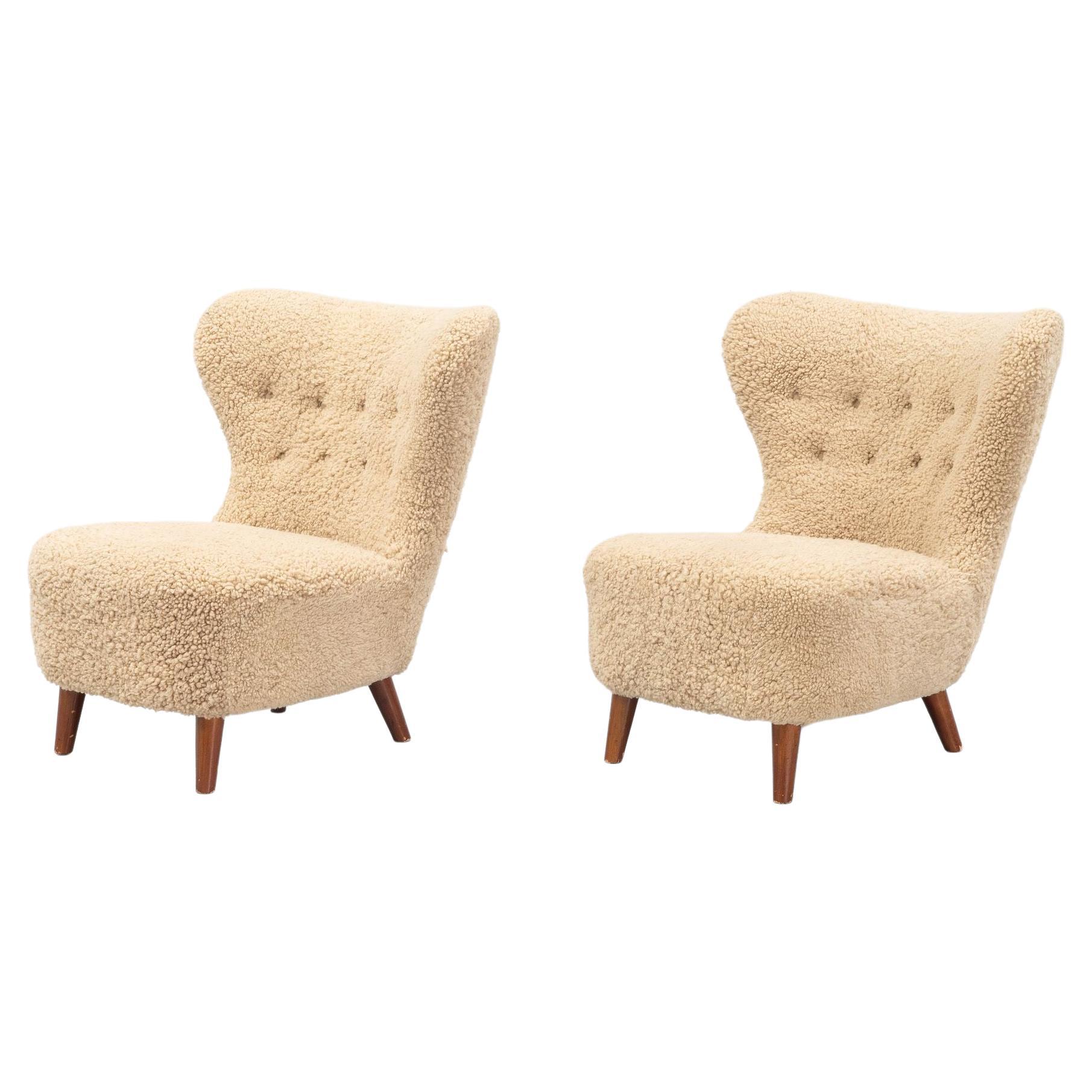 Danish Mid-Century Modern Tufted Lounge / Slipper Chairs, Swedish, Sheepskin