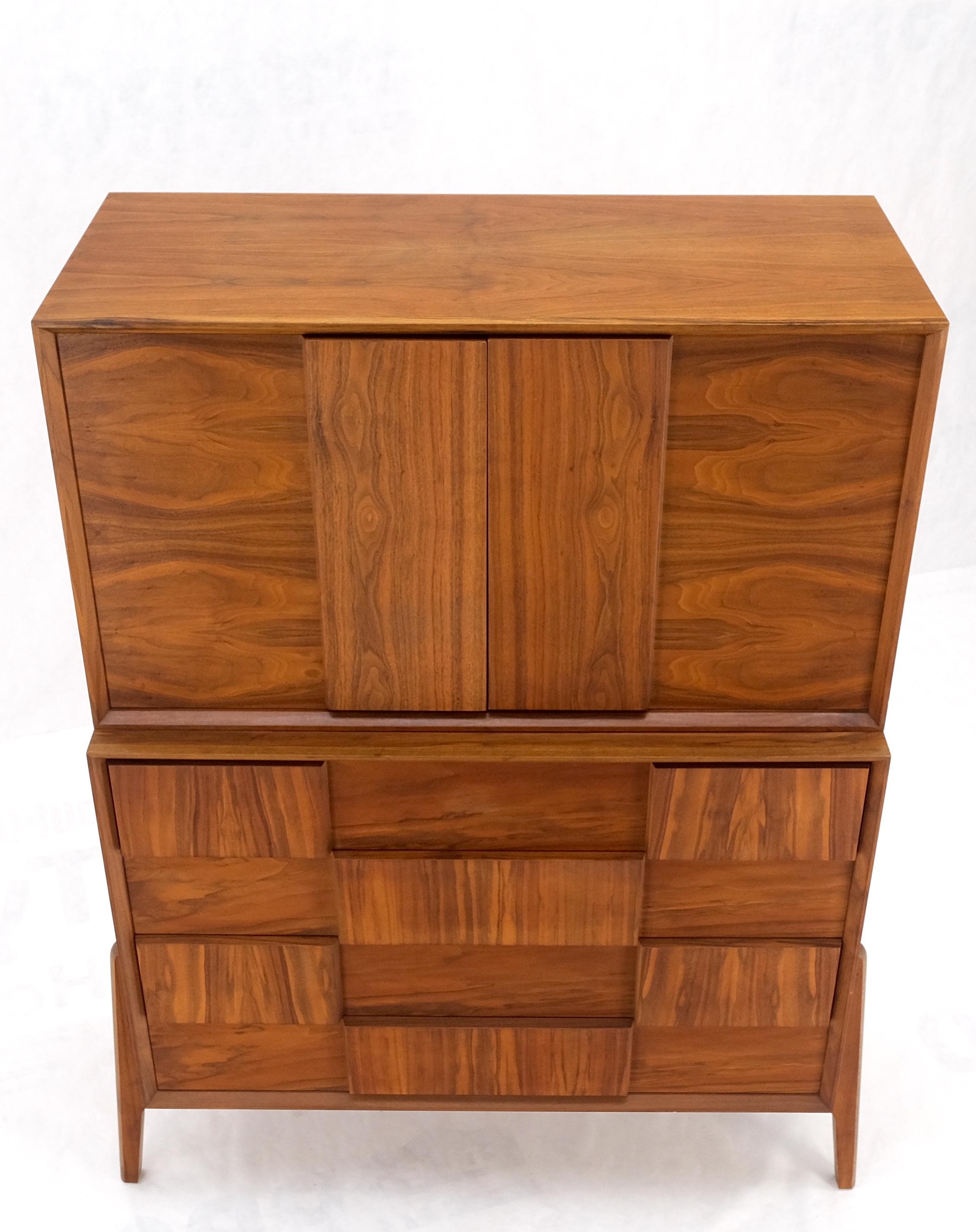 Danish Mid Century Modern Two Part Chest on Chest Block Front Two Doors Fin Back For Sale 7