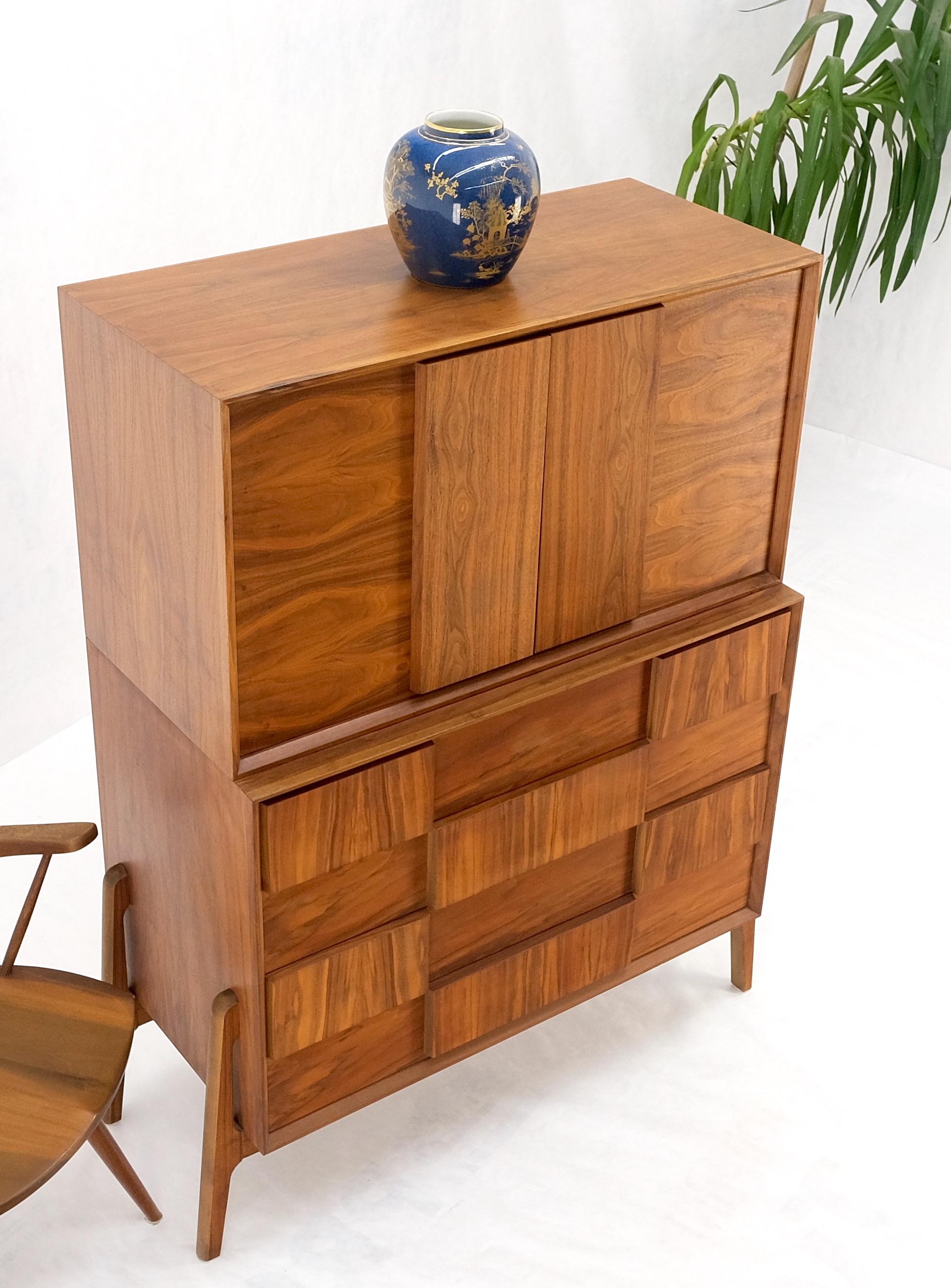Danish Mid Century Modern Two Part Chest on Chest Block Front Two Doors Fin Back For Sale 8