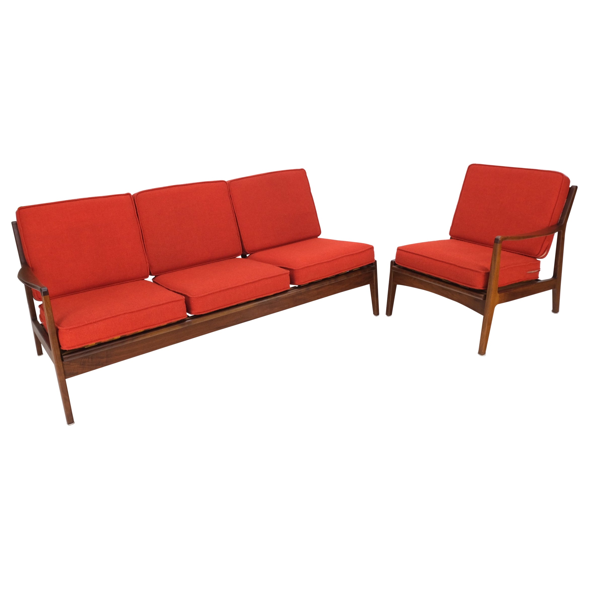 Danish Mid-Century Modern Walnut Lounge Chair Settee Loveseat Couch Sofa Set