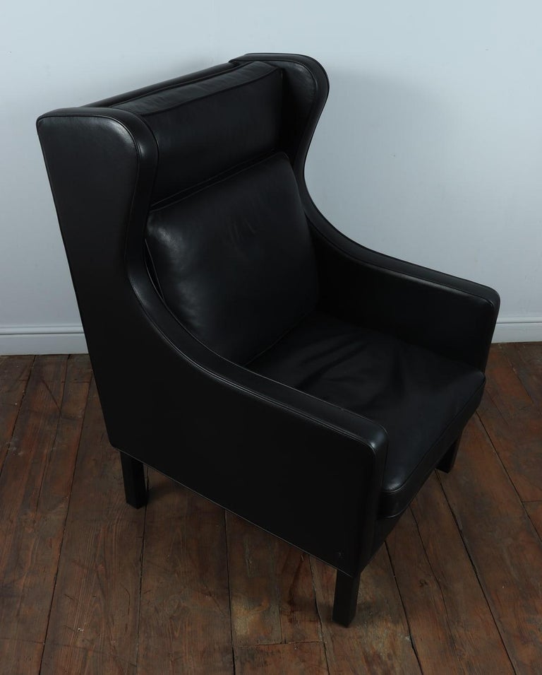 Danish, MidCentury Modern, Wing Chair in Black Leather by Hurup, circa