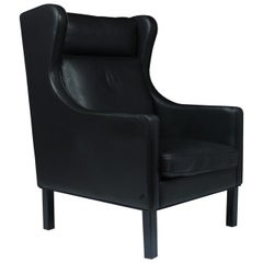 Danish, Mid-Century Modern, Wing Chair in Black Leather by Hurup, circa 1980