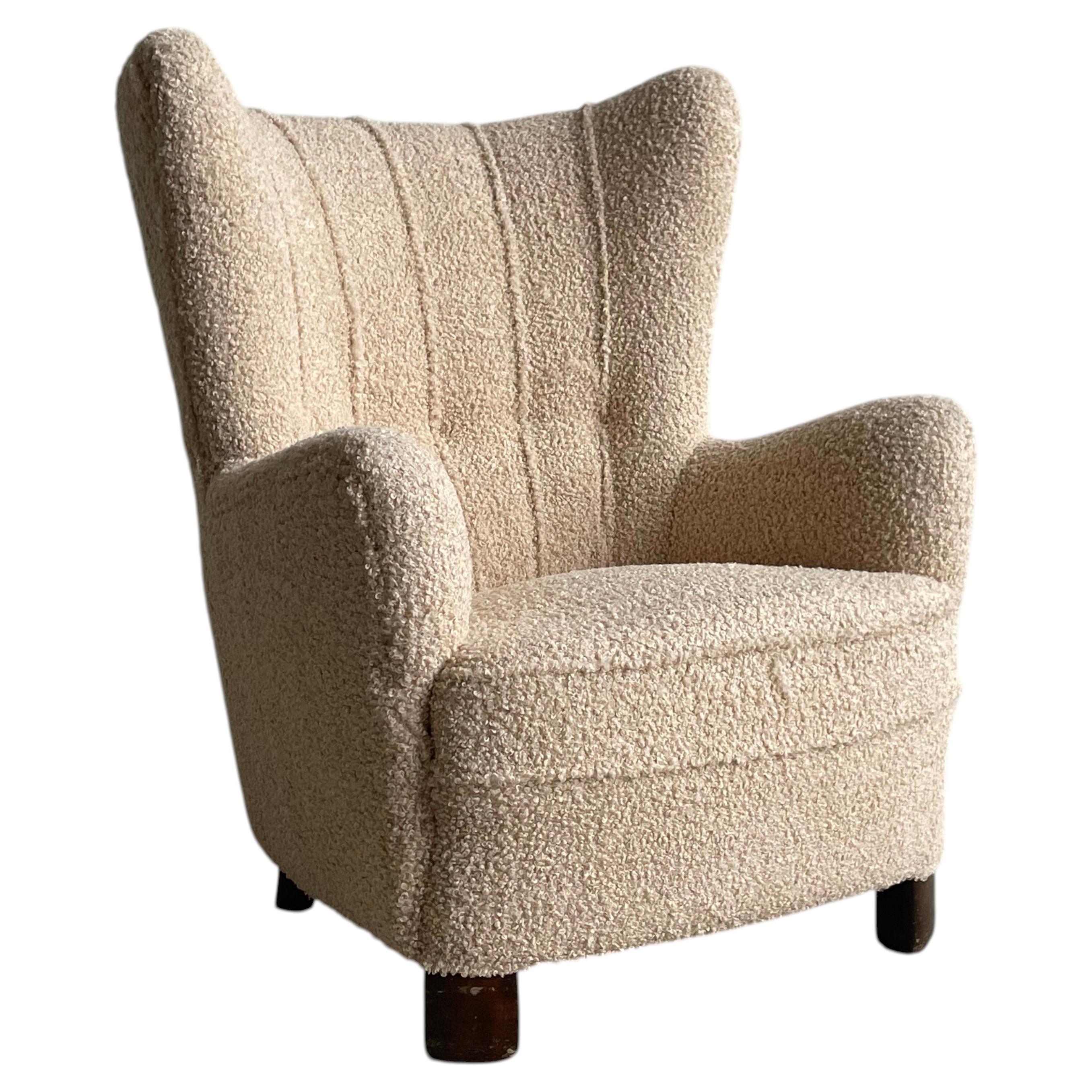 Danish Mid-Century Modern Wingback Lounge Chair in Sand Bouclé, 1950s For Sale