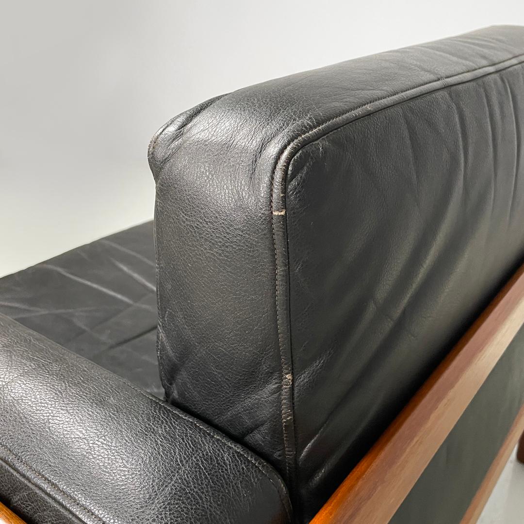 Danish mid-century modern wood and black leather armchairs, 1960s For Sale 4