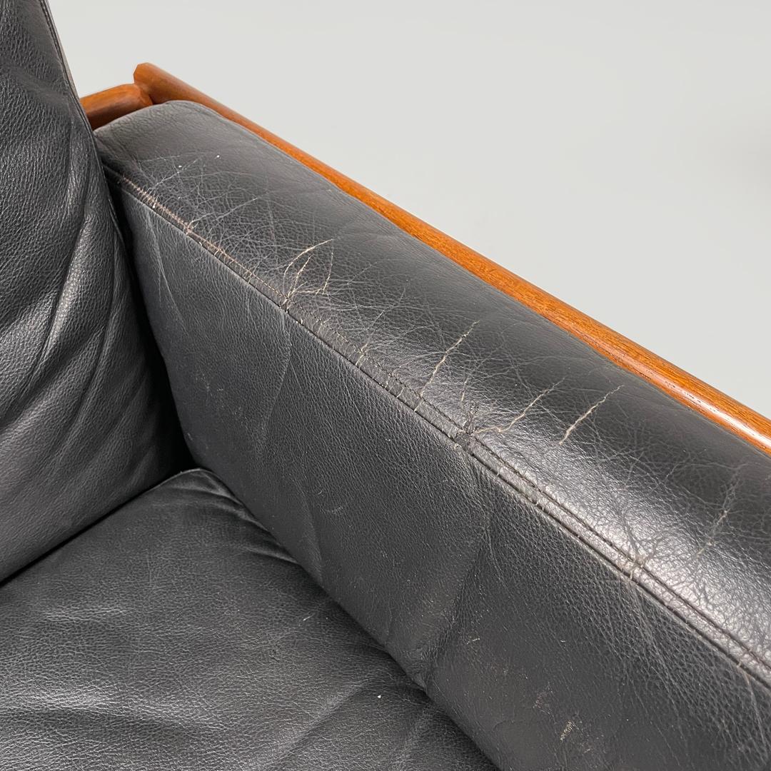 Danish mid-century modern wood and black leather armchairs, 1960s For Sale 8