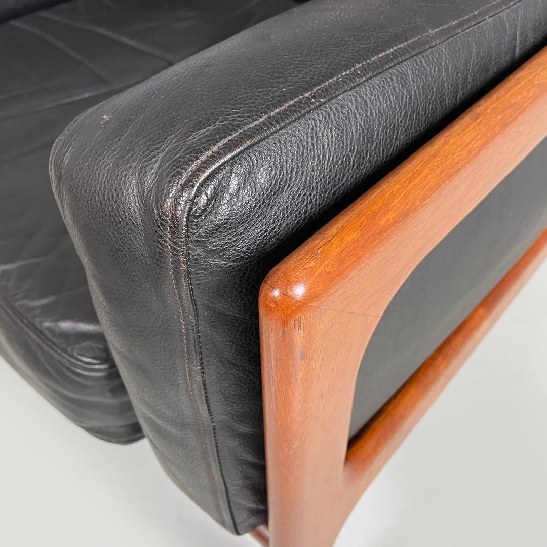 Danish mid-century modern wood and black leather armchairs, 1960s For Sale 9