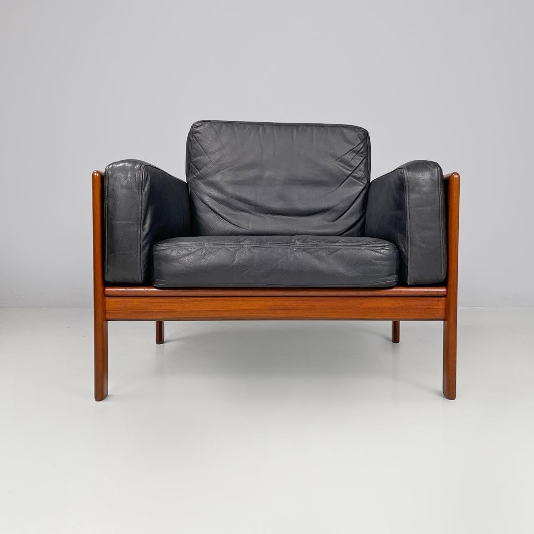 Mid-Century Modern Danish mid-century modern wood and black leather armchairs, 1960s For Sale