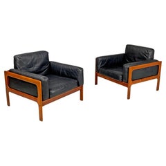 Danish mid-century modern wood and black leather armchairs, 1960s