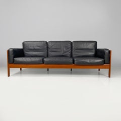 Danish mid-century modern wood and black leather three-seater sofa, 1960s