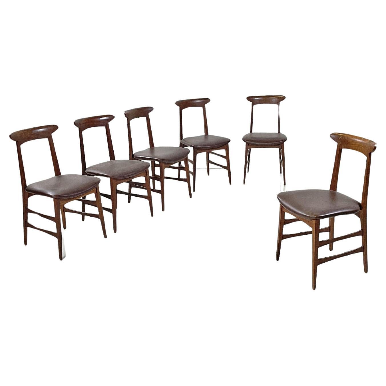 Dänische Stühle aus Holz und braunem Leder aus der Mitte des Jahrhunderts, 1950er Jahre