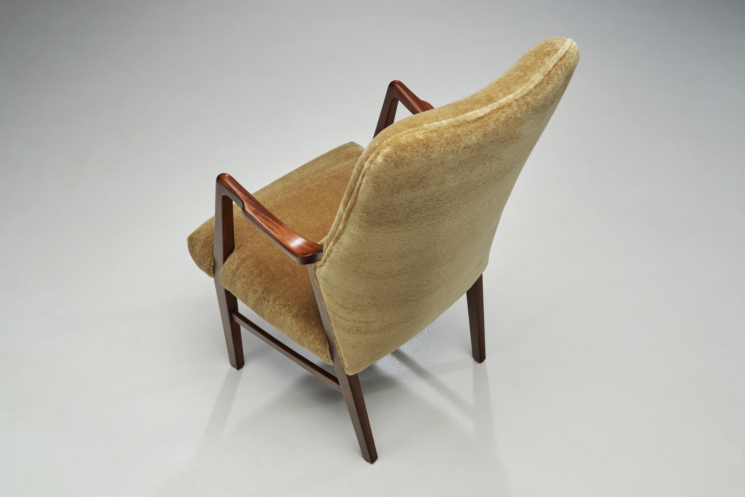 Fabric Danish Mid-Century Nut Wood Armchair, Denmark 1950s For Sale