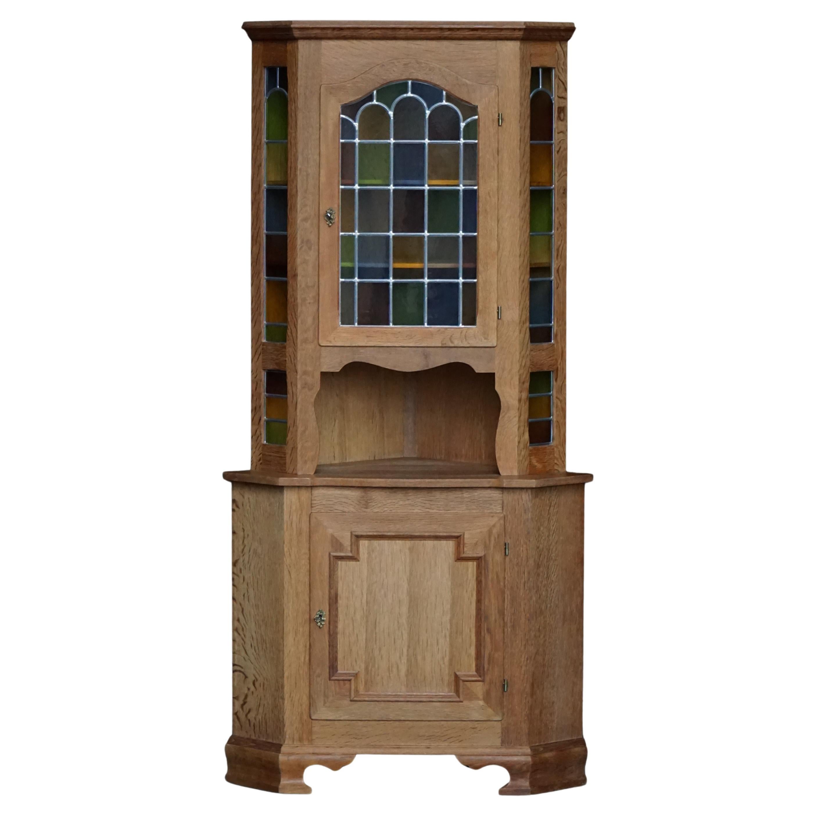 Danish Mid-Century, Oak Corner Cabinet with Leaded Stained Glass, 1940s