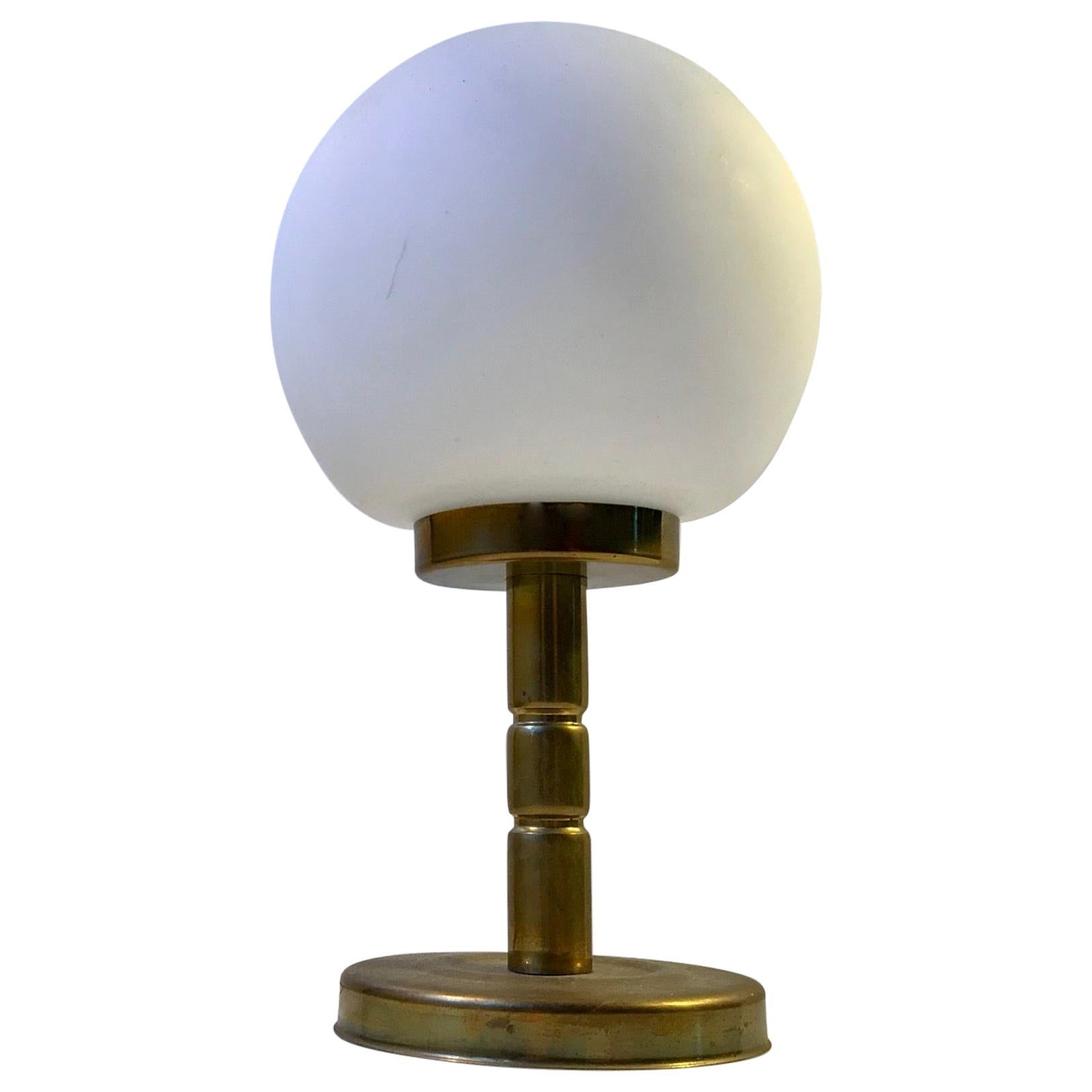 Danish Midcentury Opaline Glass and Brass Table Lamp by ABO, 1970s