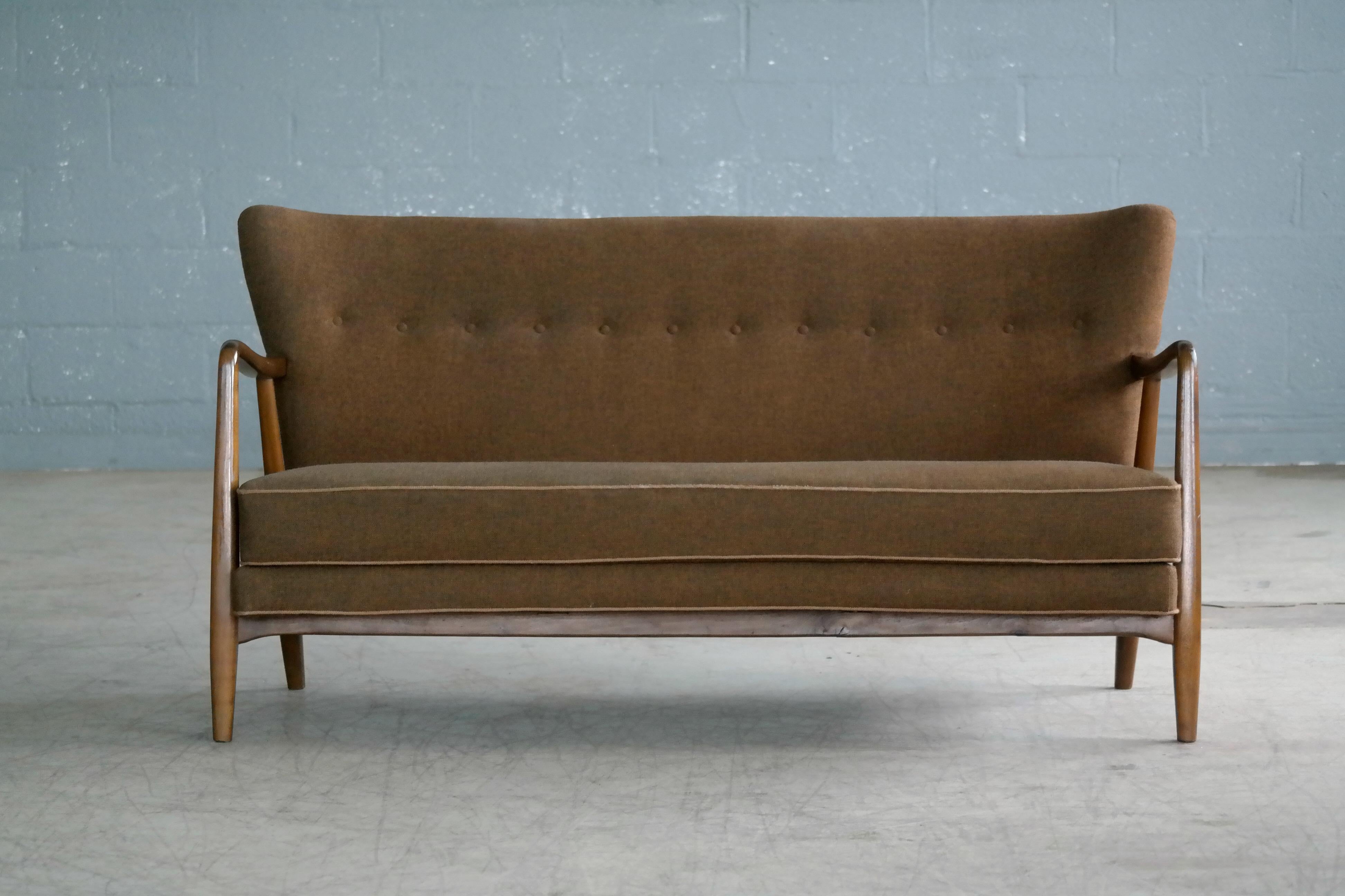 Stained Danish Midcentury Open Arm Settee in Style of Aksel Bender Madsen