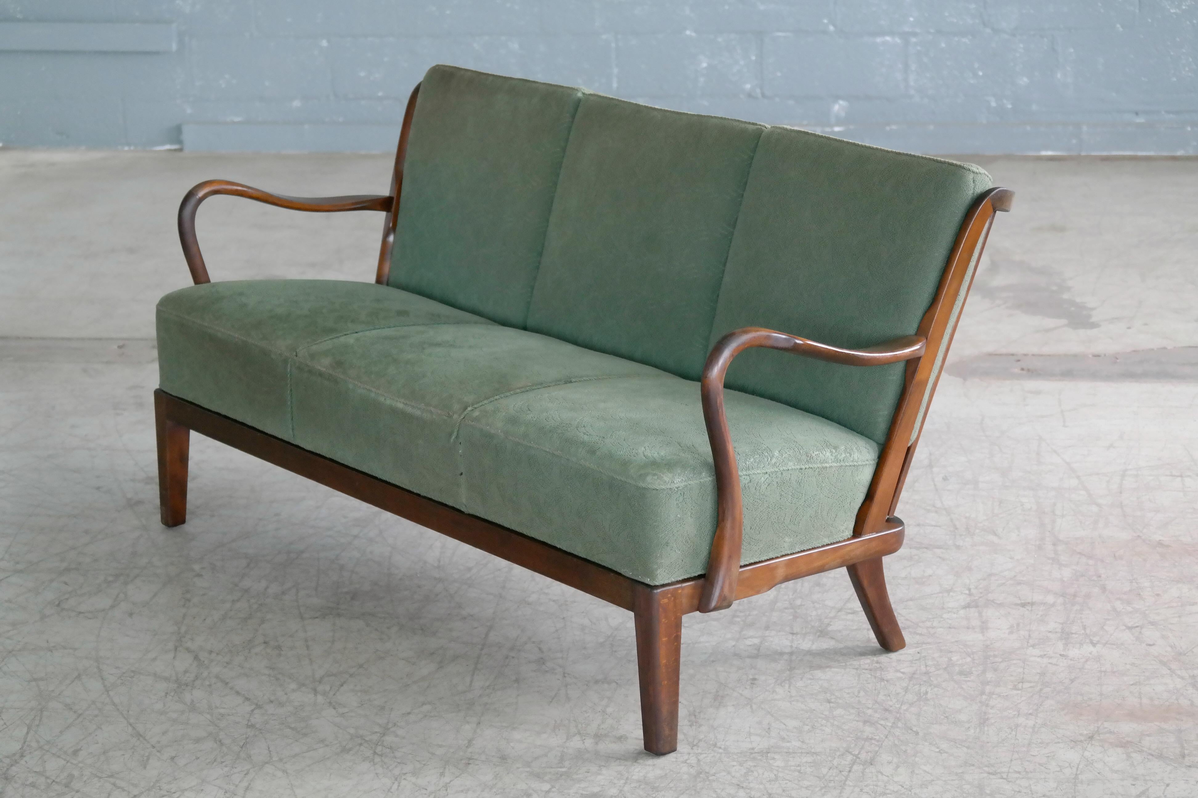Stained Danish Midcentury Open Arm Spindle Back Sofa Model 95 by Slagelse