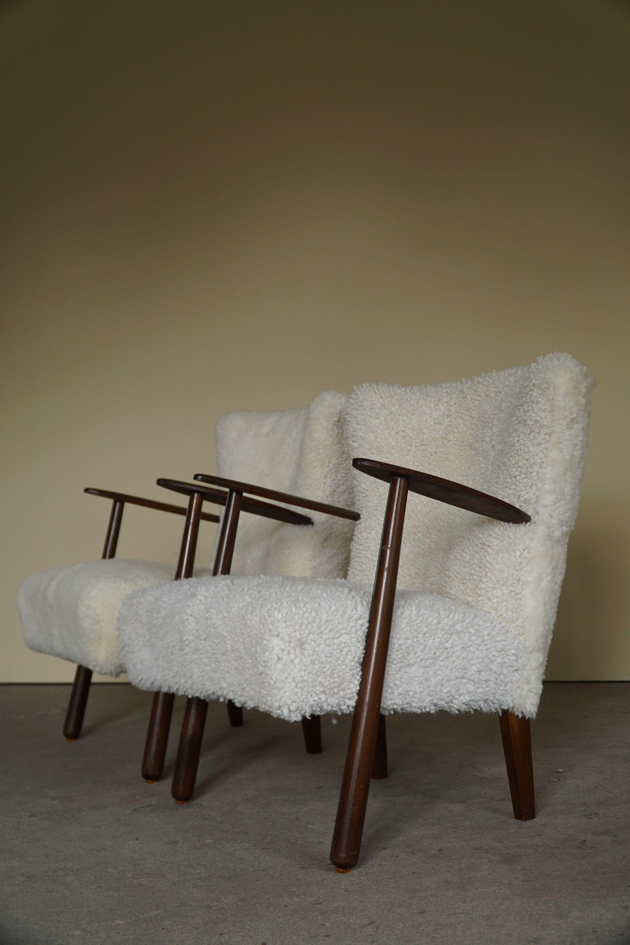 Scandinavian Modern Danish Mid-Century, Pair of Lounge Chairs, Reupholstered in Lambswool, 1960s