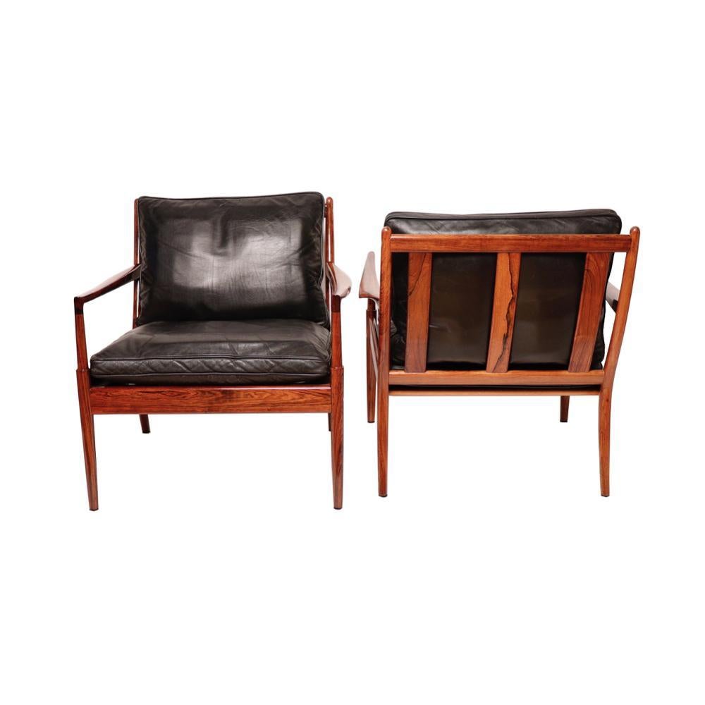 Woodwork Danish Midcentury Pair of “Samso” Lounge Chairs by Ib Kofod-Larsen, 1960 For Sale