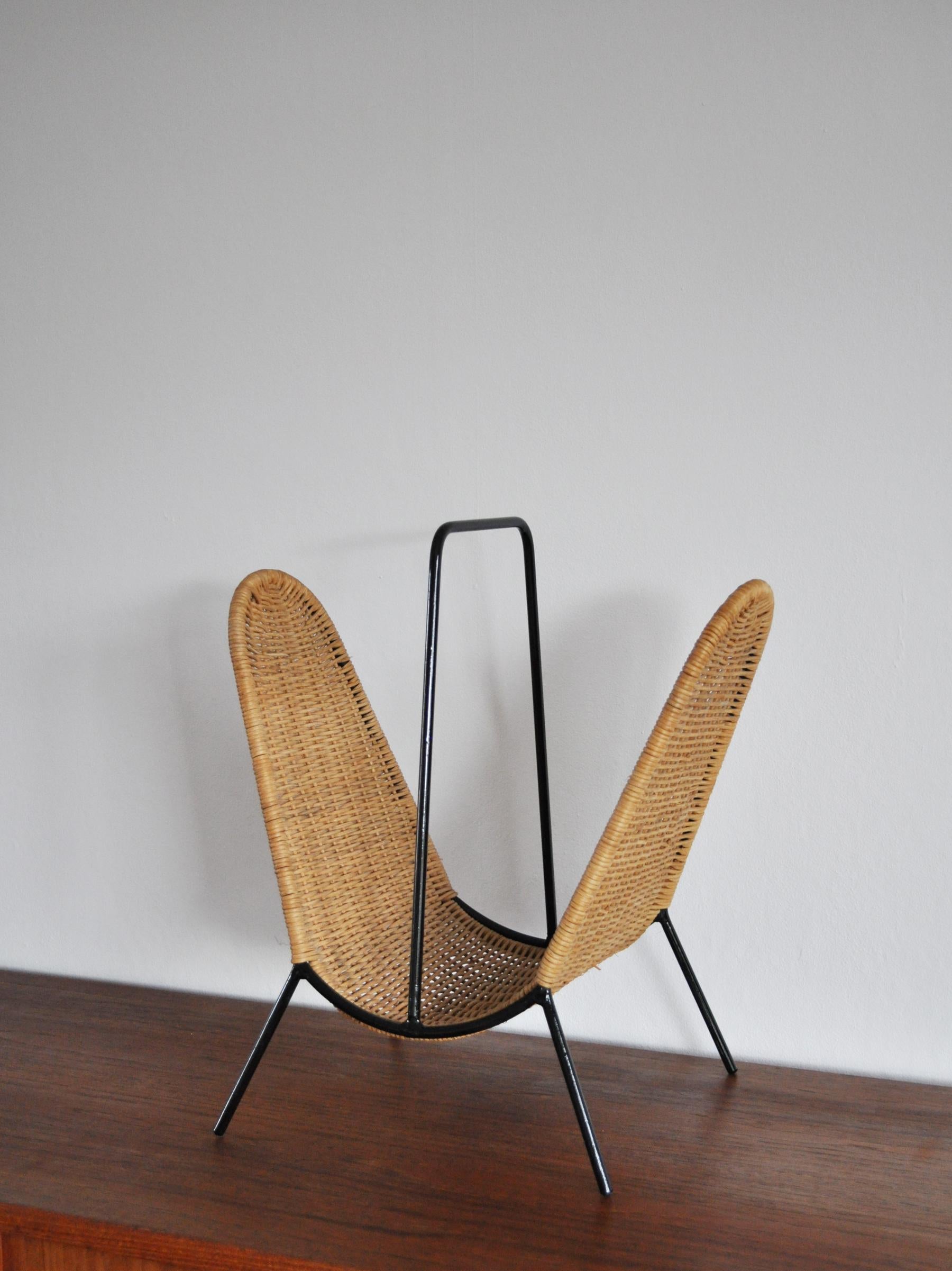 Scandinavian Modern Danish Modern Rattan Magazine Rack attributed to Carl Auböck, 1960s For Sale