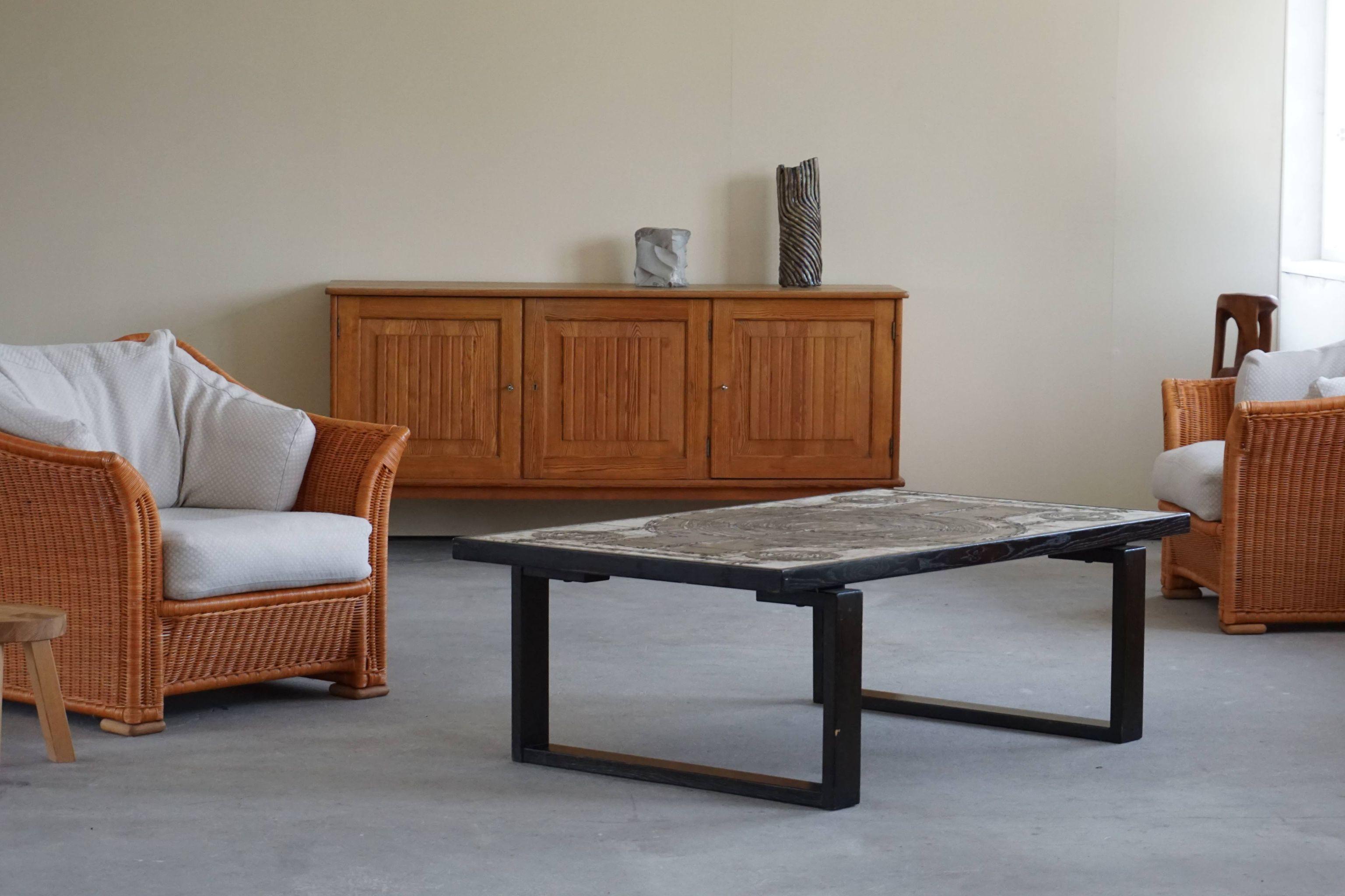 Danish mid century rectangular coffee table by Ox Art in oak and stoneware, 1970s.
The table is in great vintage condition. Nice brutalist table for the modern interior.
 