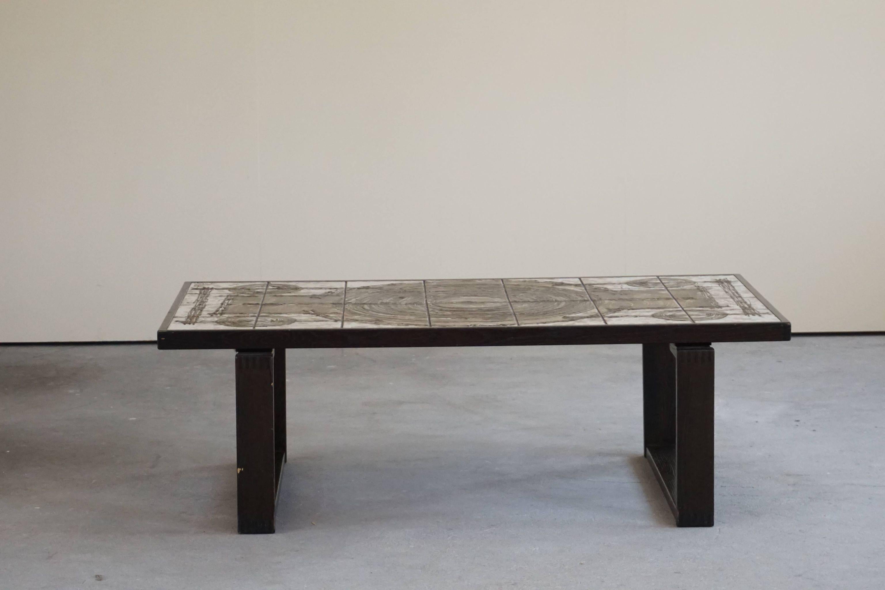 Late 20th Century Danish Mid Century Rectangular Coffee Table by Ox Art in Oak and Stoneware, 1970 For Sale