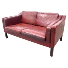 Danish Mid Century Red Leather Loveseat By Mogens Hansen Circa 1960's