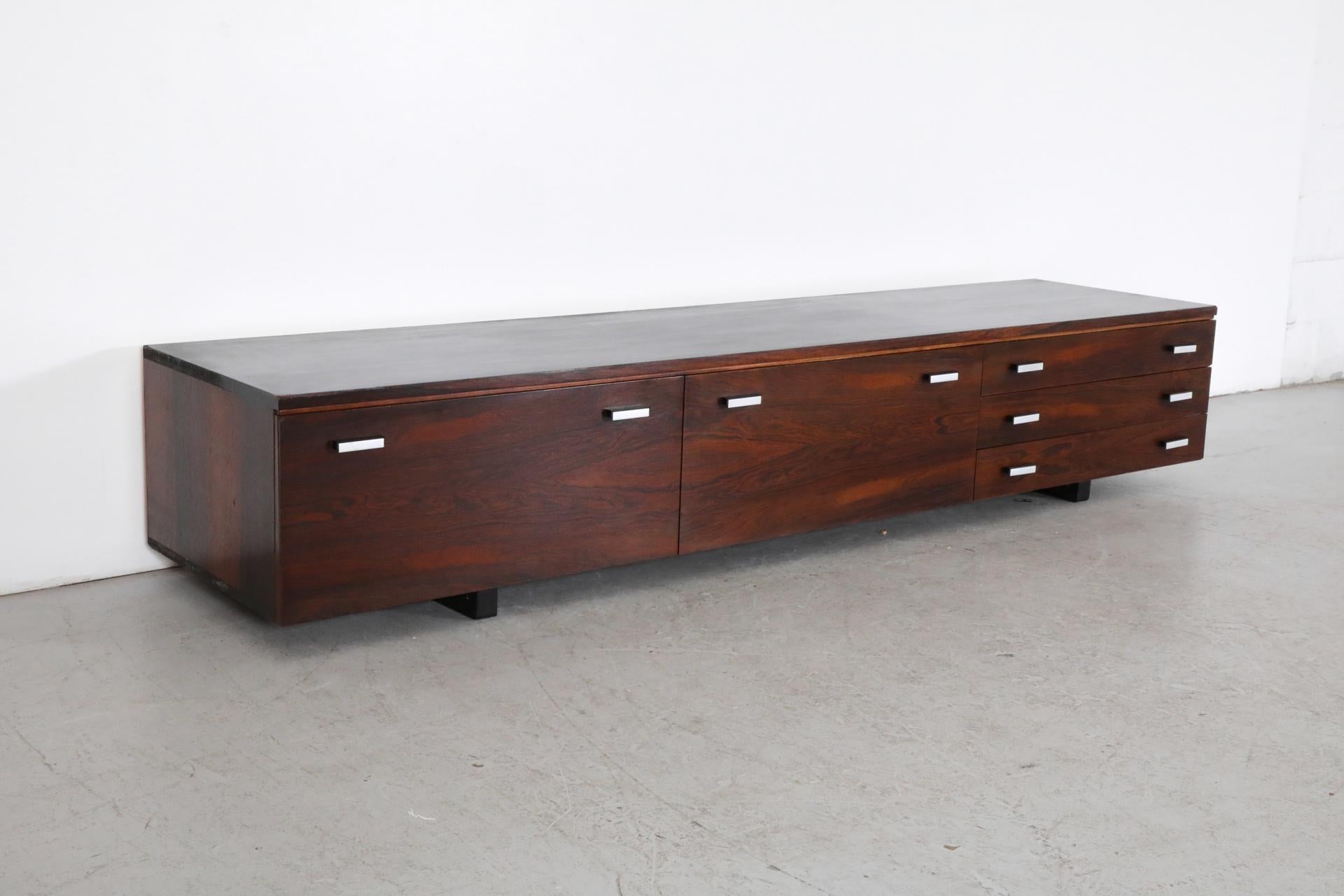 Danish Mid-Century Rosewood Media Credenza with Brushed Aluminum Drawer Pulls In Good Condition In Los Angeles, CA