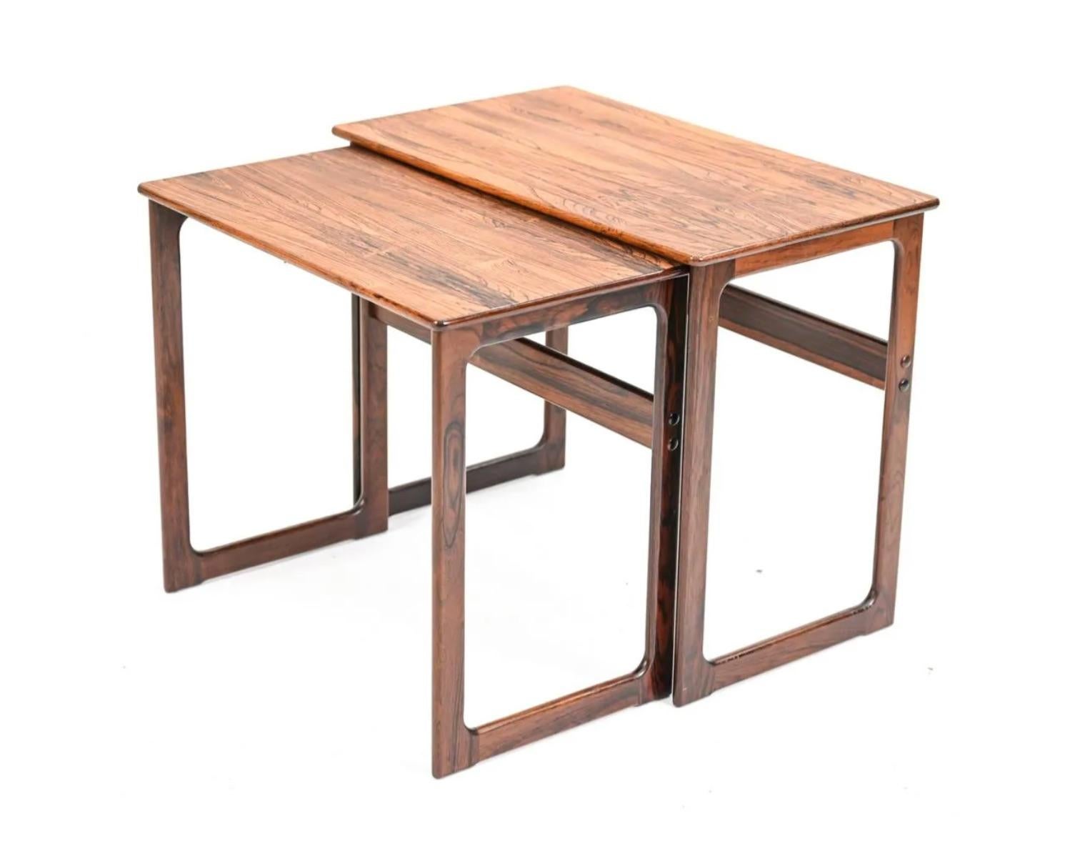 Beautiful mid-century rosewood nesting tables. No label. 
Dimensions of larger table are H 20.5