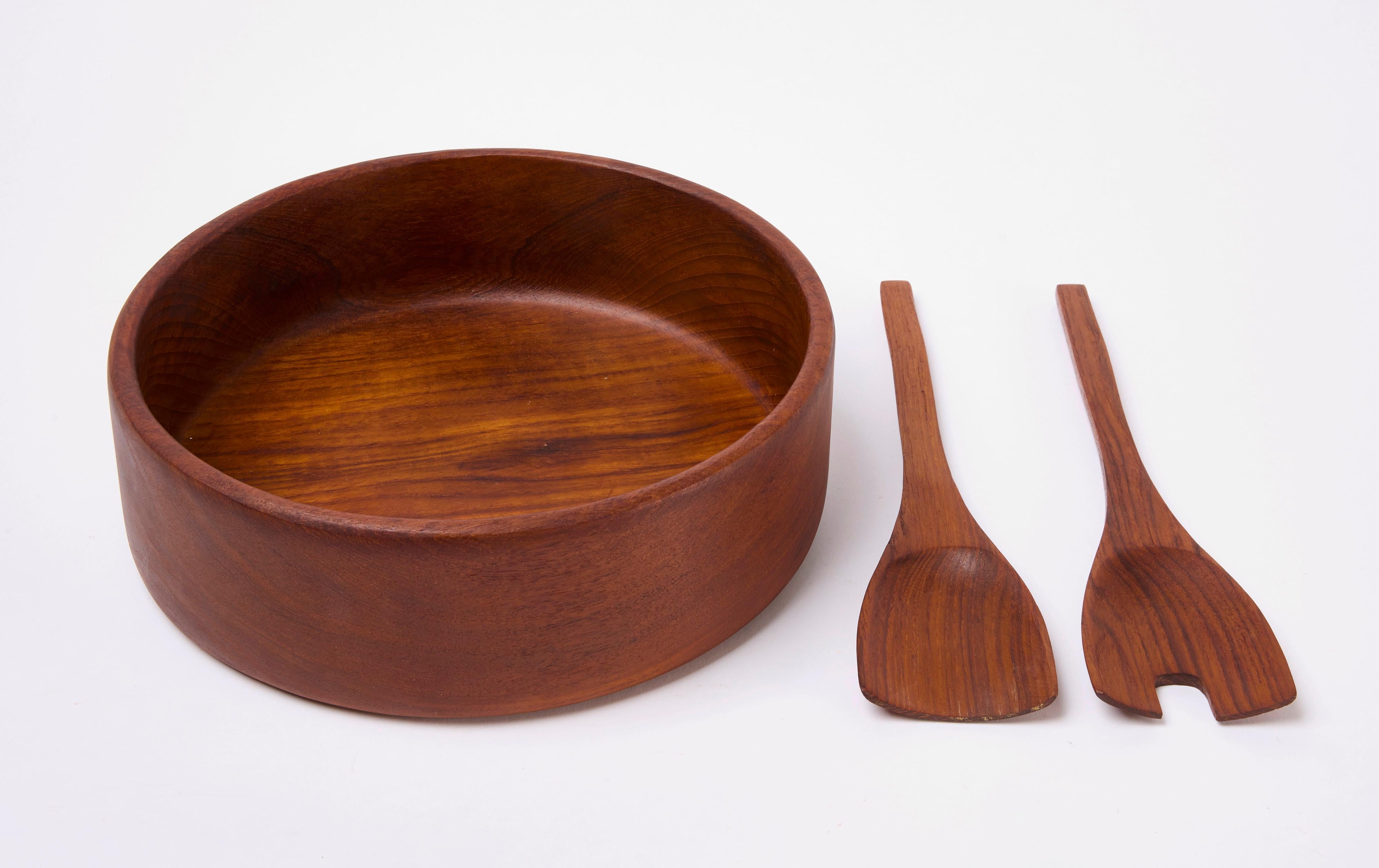 Hand-Carved Danish Mid Century Salad Bowl and Two Serving Utensils For Sale