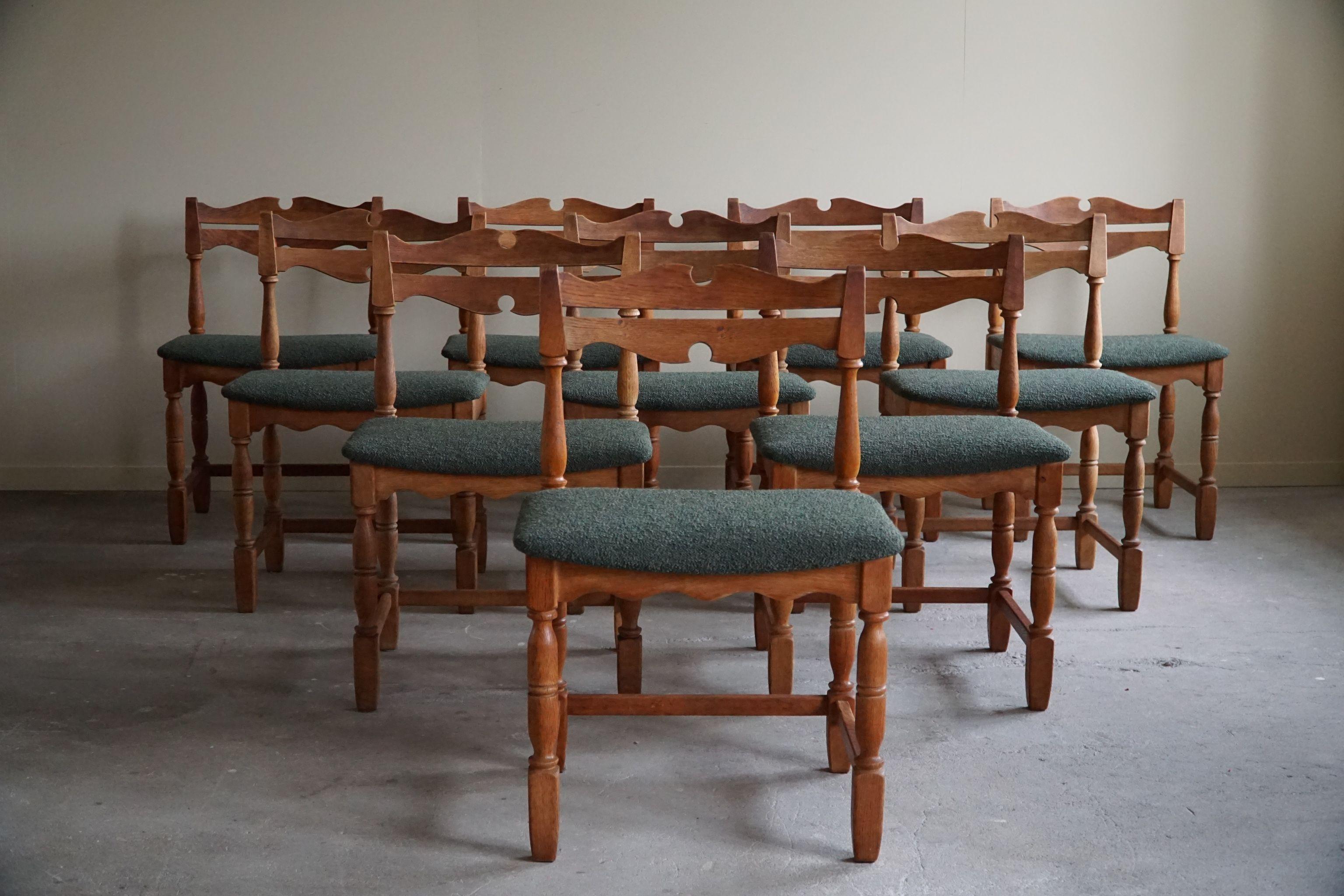 Danish Mid-Century, Set of 10 Chairs in Oak & Green Bouclé, Kjærnulf, 1960s For Sale 4