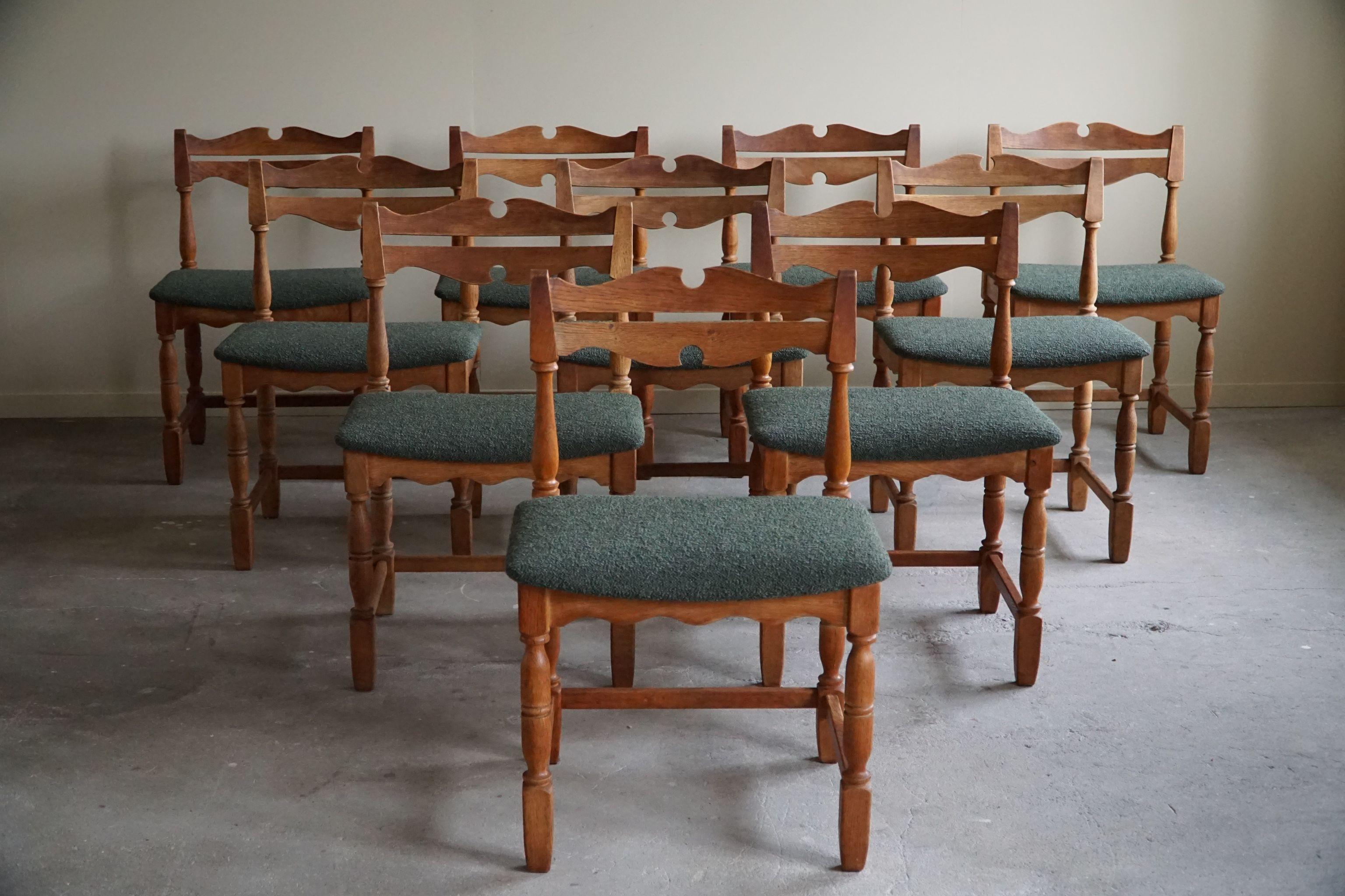 Danish Mid-Century, Set of 10 Chairs in Oak & Green Bouclé, Kjærnulf, 1960s For Sale 5