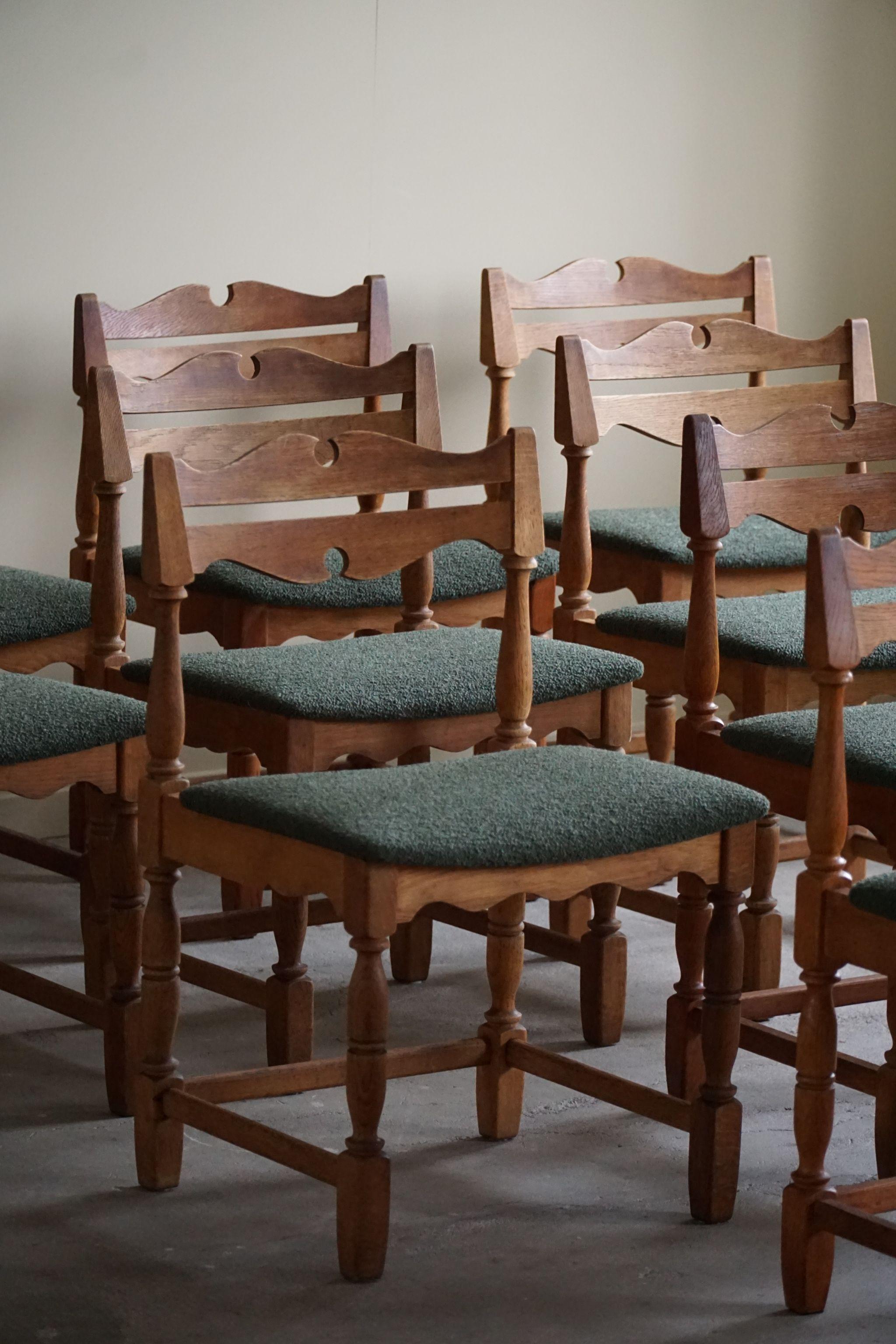 Danish Mid-Century, Set of 10 Chairs in Oak & Green Bouclé, Kjærnulf, 1960s For Sale 6