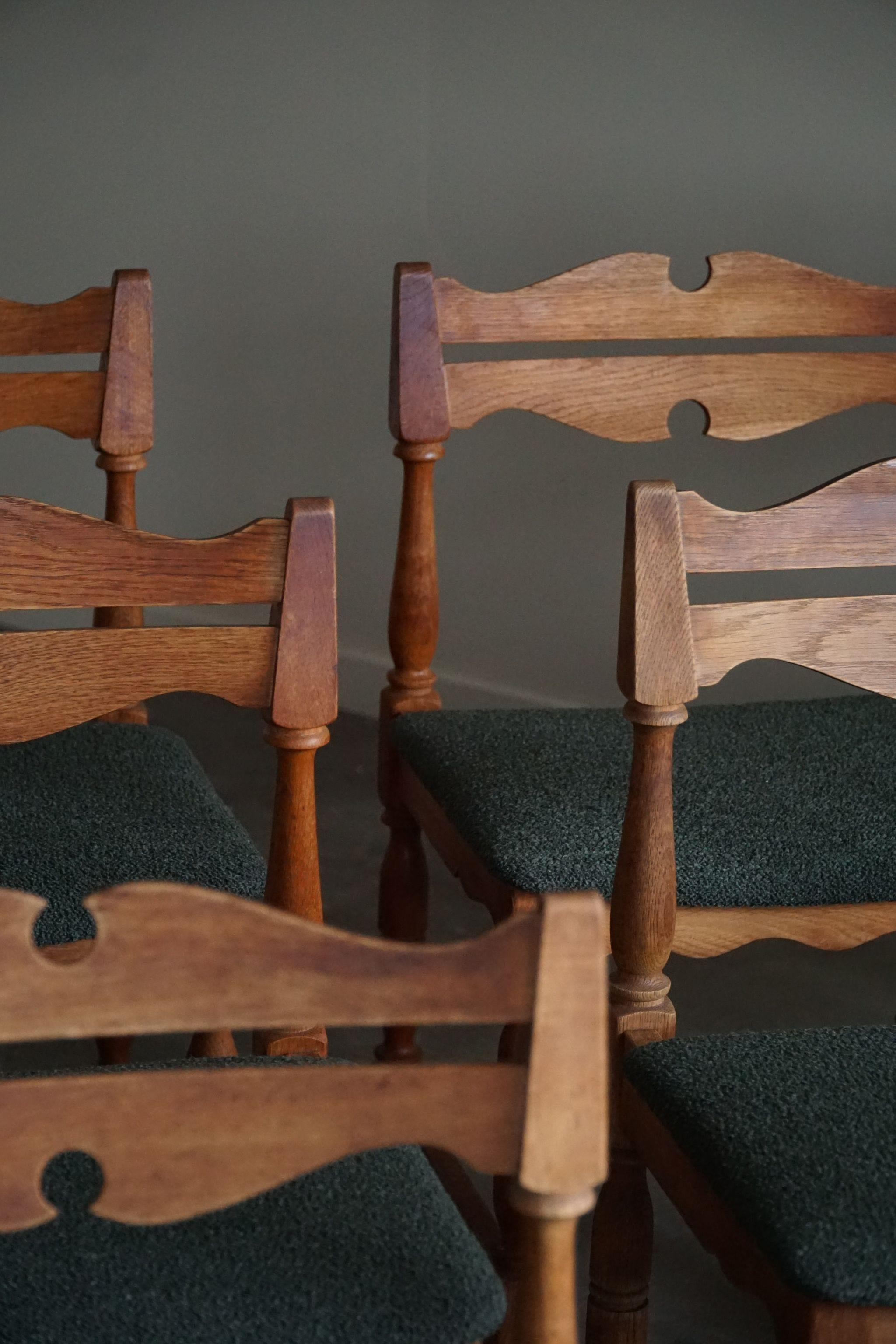 Danish Mid-Century, Set of 10 Chairs in Oak & Green Bouclé, Kjærnulf, 1960s For Sale 7