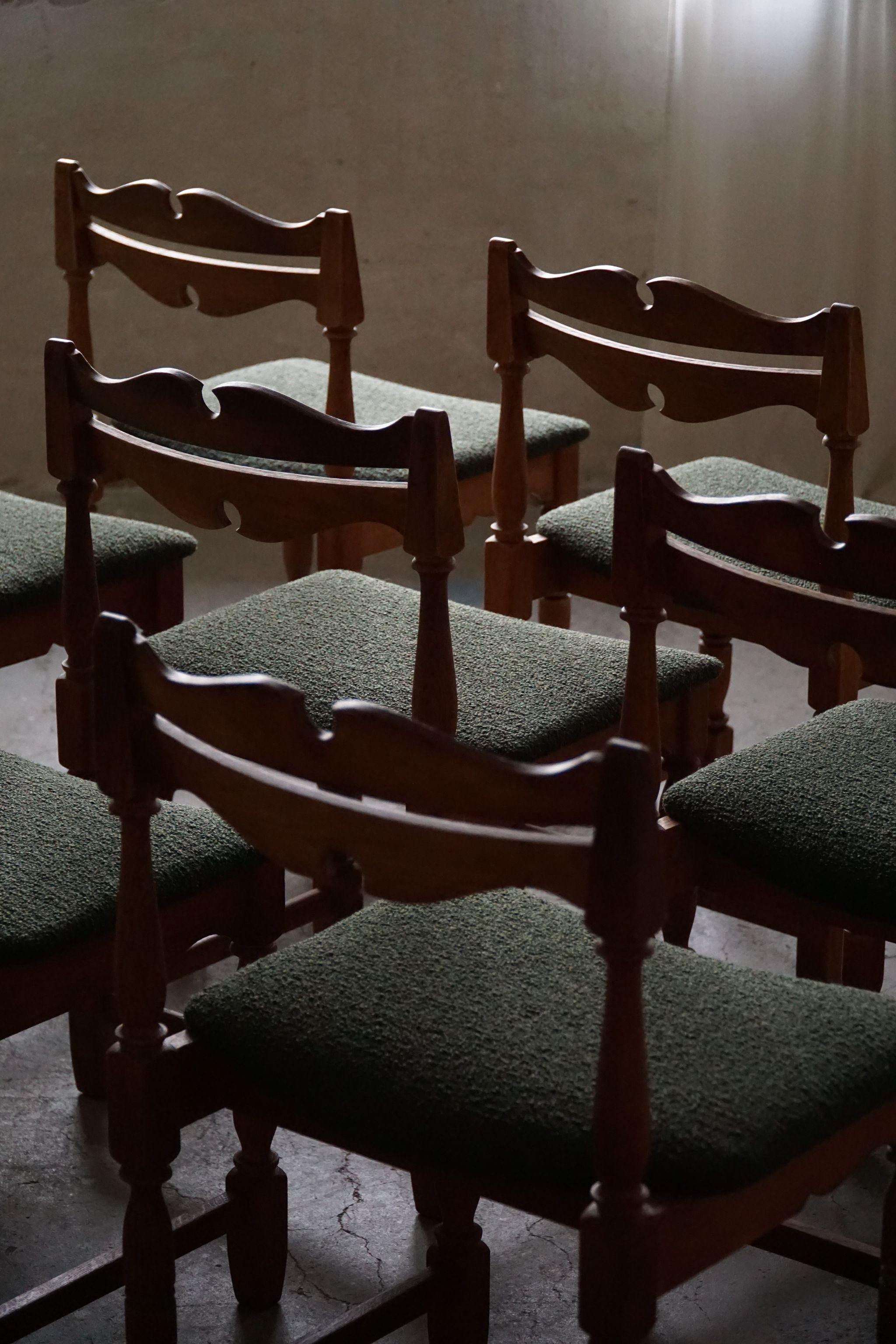 Danish Mid-Century, Set of 10 Chairs in Oak & Green Bouclé, Kjærnulf, 1960s For Sale 8