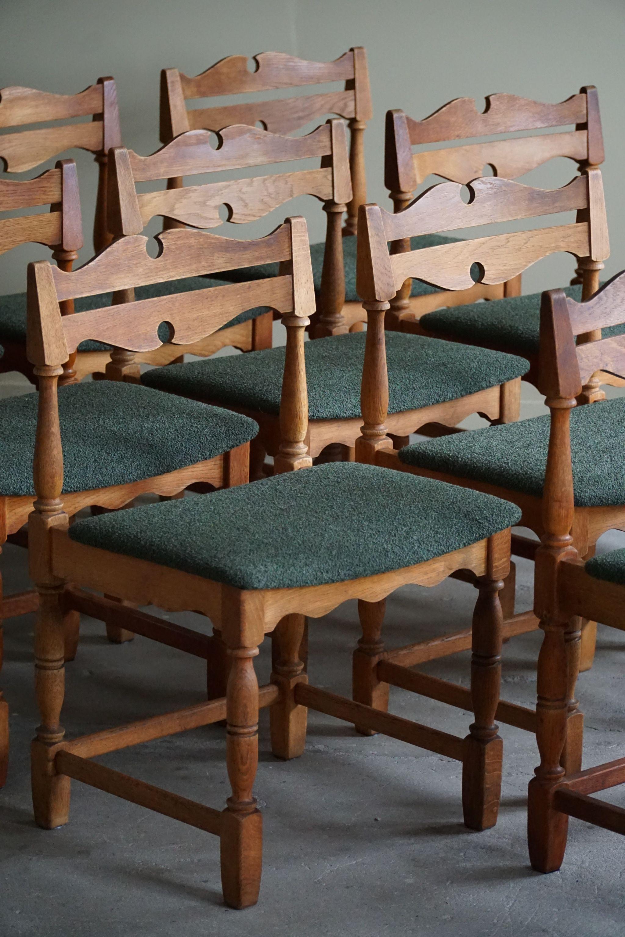 Danish Mid-Century, Set of 10 Chairs in Oak & Green Bouclé, Kjærnulf, 1960s For Sale 13