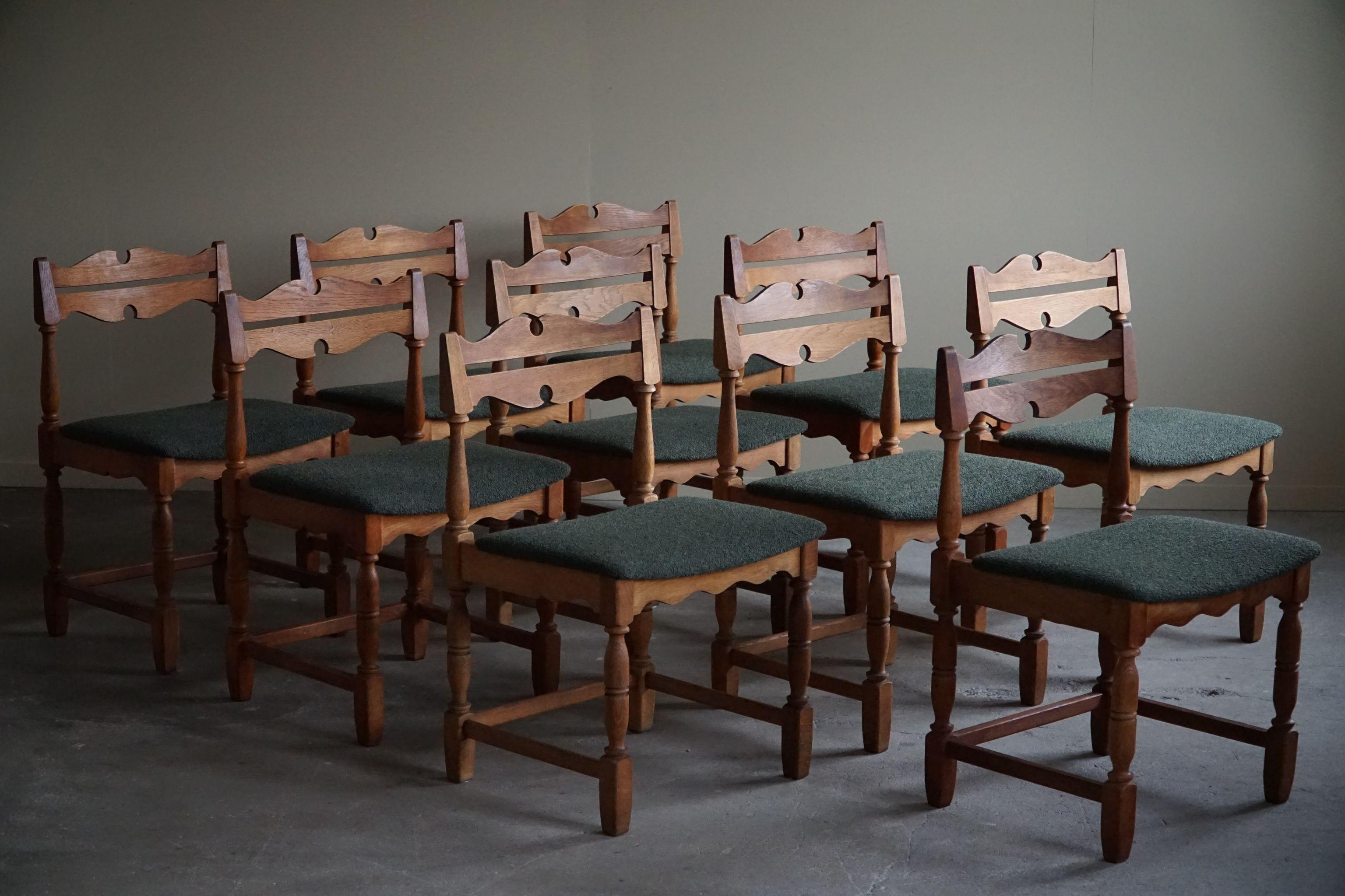 A classic set of 10 dining chairs in solid oak, made in the style of Henning (Henry) Kjærnulf. Crafted by a Danish Cabinetmaker in the 1960s. Seats reupholstered in a green bouclé. 

This sculptural brutalist set will complement many interior
