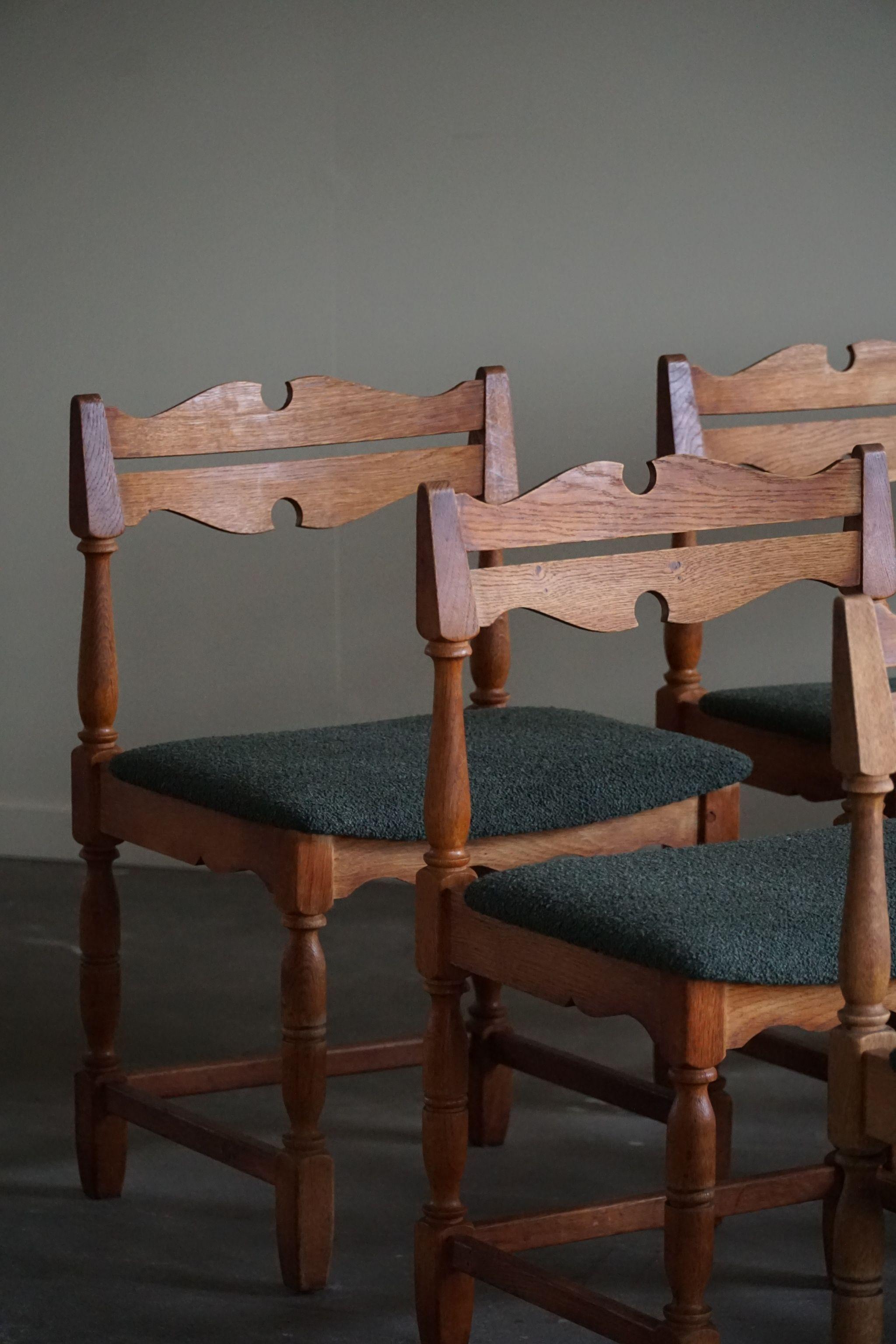 Danish Mid-Century, Set of 10 Chairs in Oak & Green Bouclé, Kjærnulf, 1960s For Sale 14