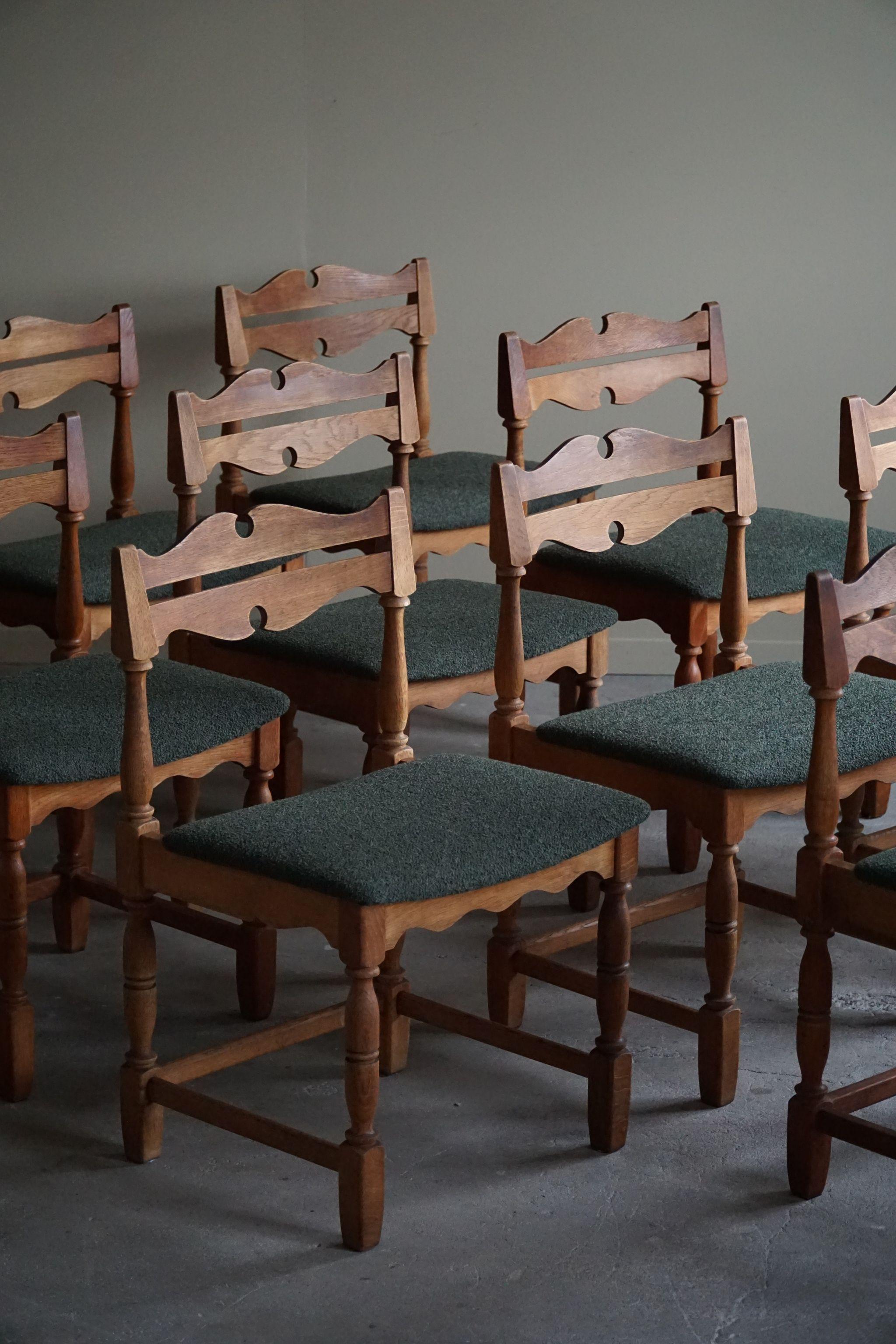 Mid-Century Modern Danish Mid-Century, Set of 10 Chairs in Oak & Green Bouclé, Kjærnulf, 1960s