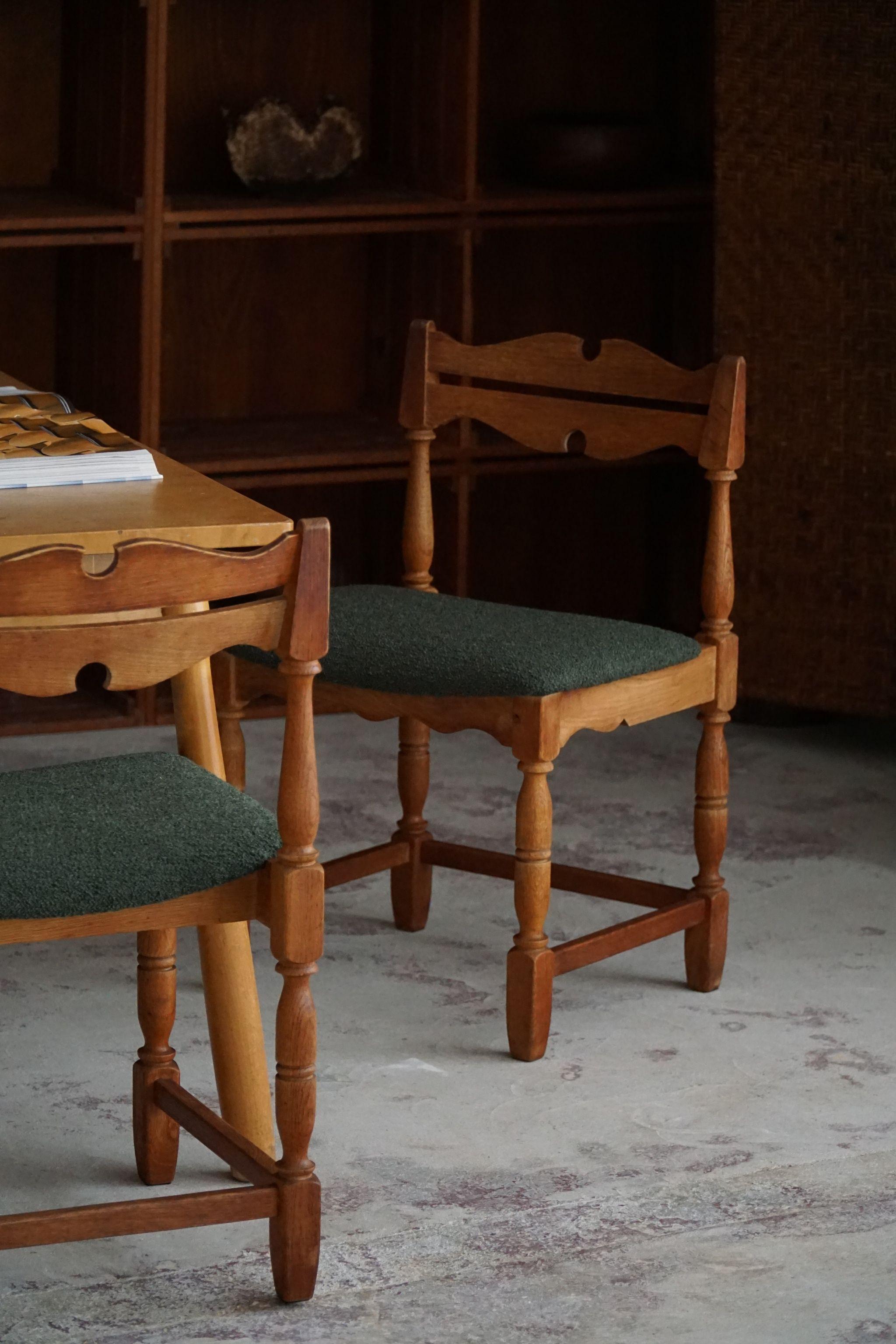 Wool Danish Mid-Century, Set of 10 Chairs in Oak & Green Bouclé, Kjærnulf, 1960s For Sale