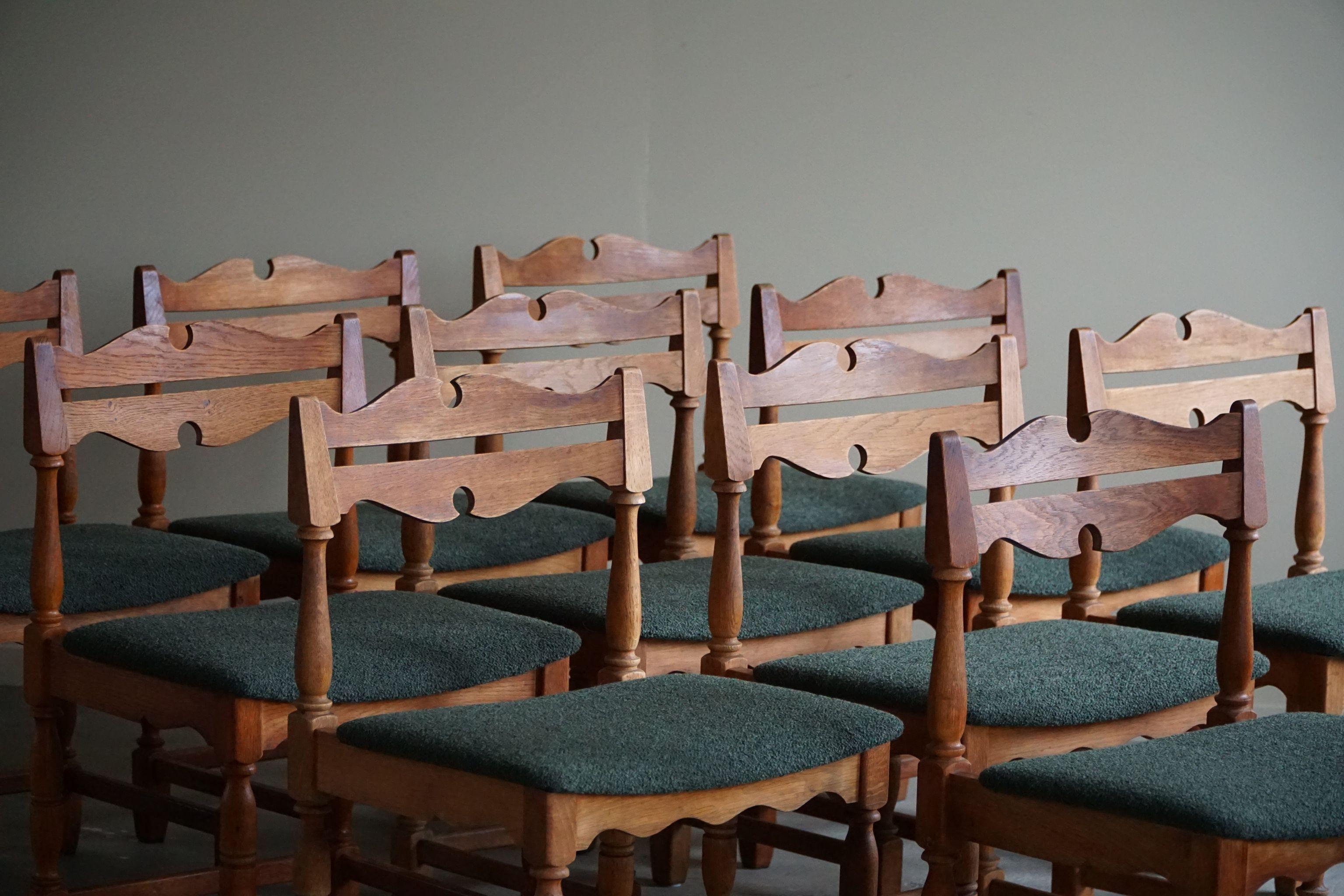 Danish Mid-Century, Set of 10 Chairs in Oak & Green Bouclé, Kjærnulf, 1960s For Sale 2