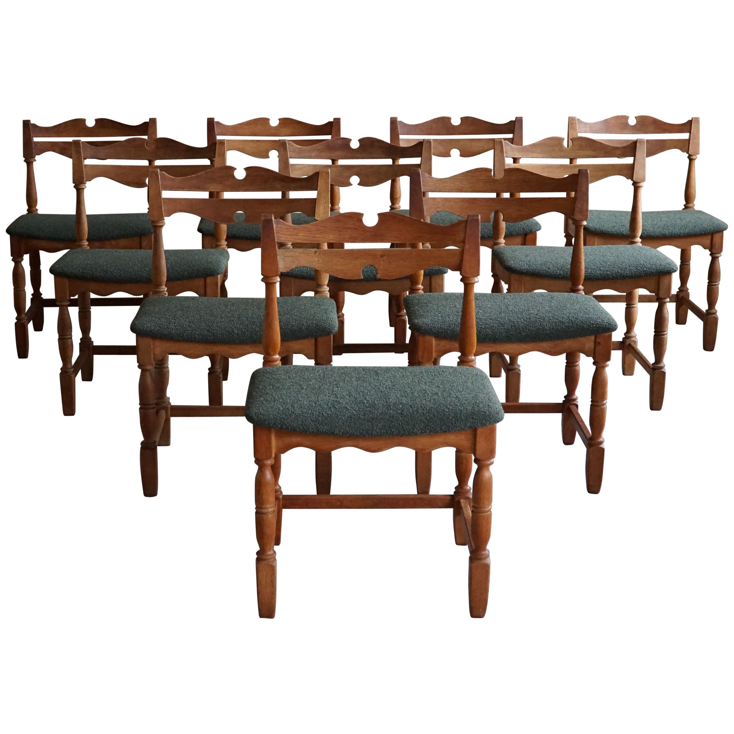 Danish Mid-Century, Set of 10 Chairs in Oak 
Green Bouclé, Kjærnulf, 1960s