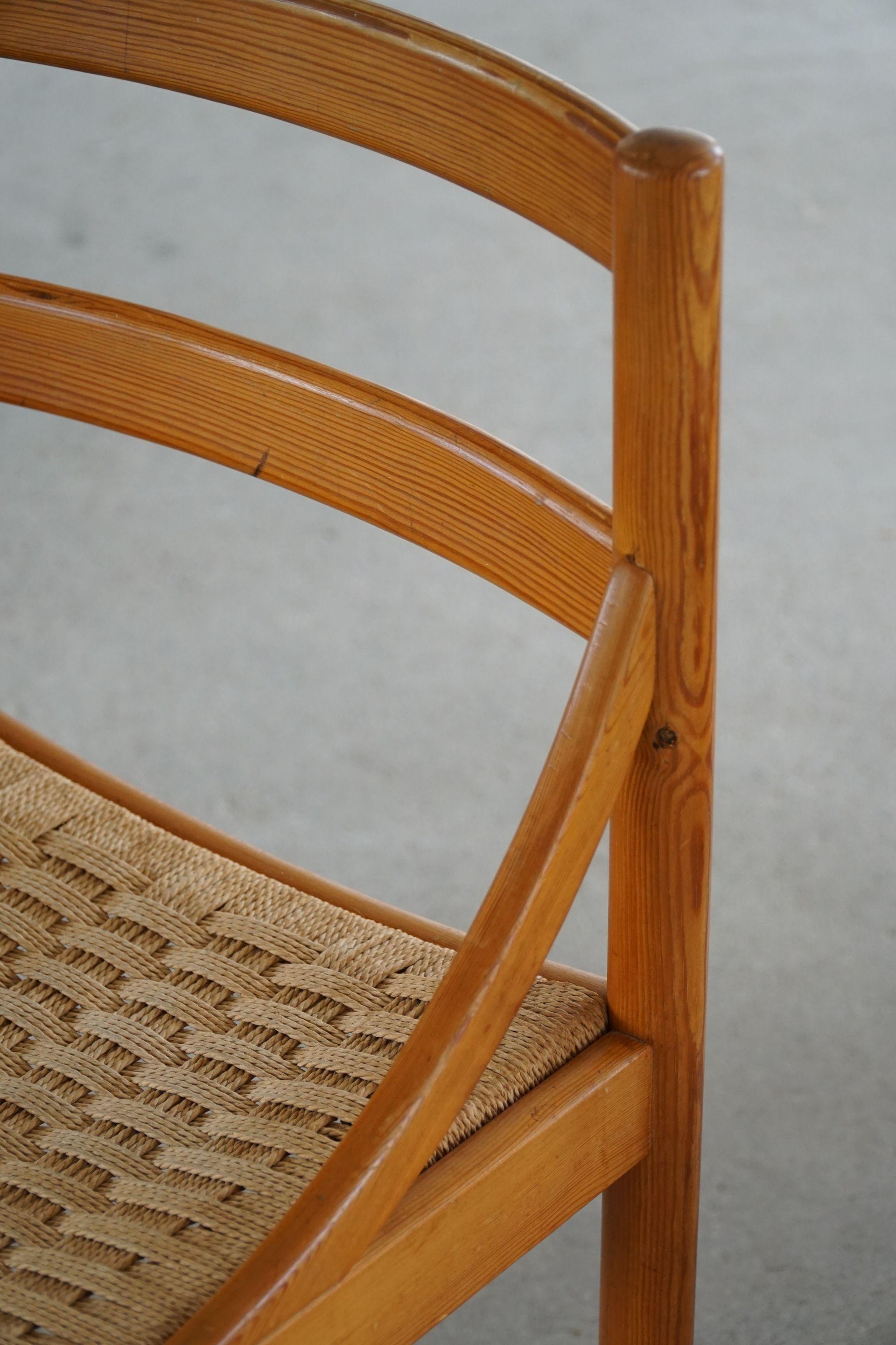 Danish Mid Century, Set of 6 Dining Chairs in Pine & Papercord, Brutalism, 1970s 4