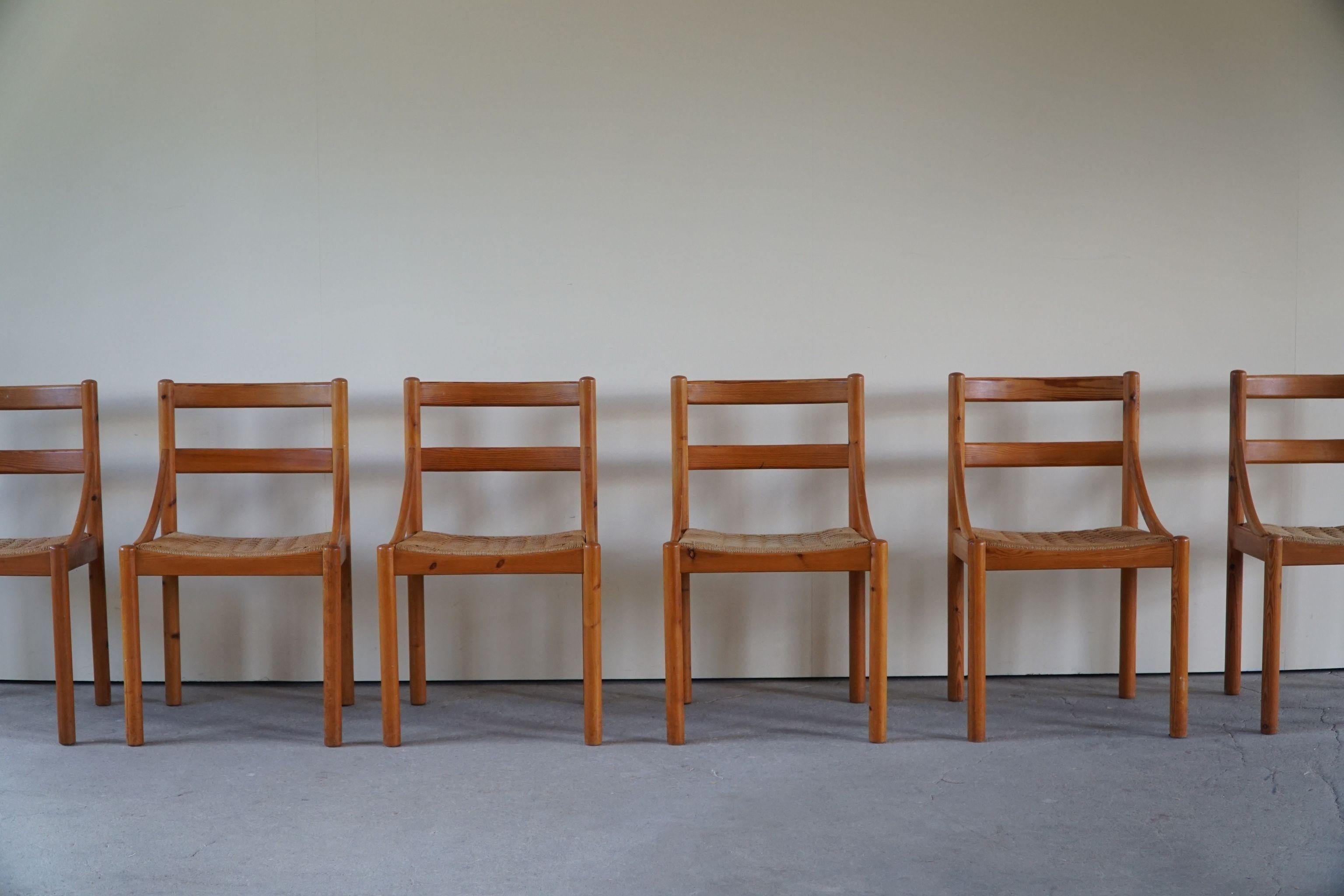 Danish Mid Century, Set of 6 Dining Chairs in Pine & Papercord, Brutalism, 1970s 7