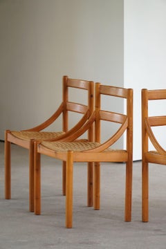 Danish Mid Century, Set of 6 Dining Chairs in Pine & Papercord, Brutalism, 1970s