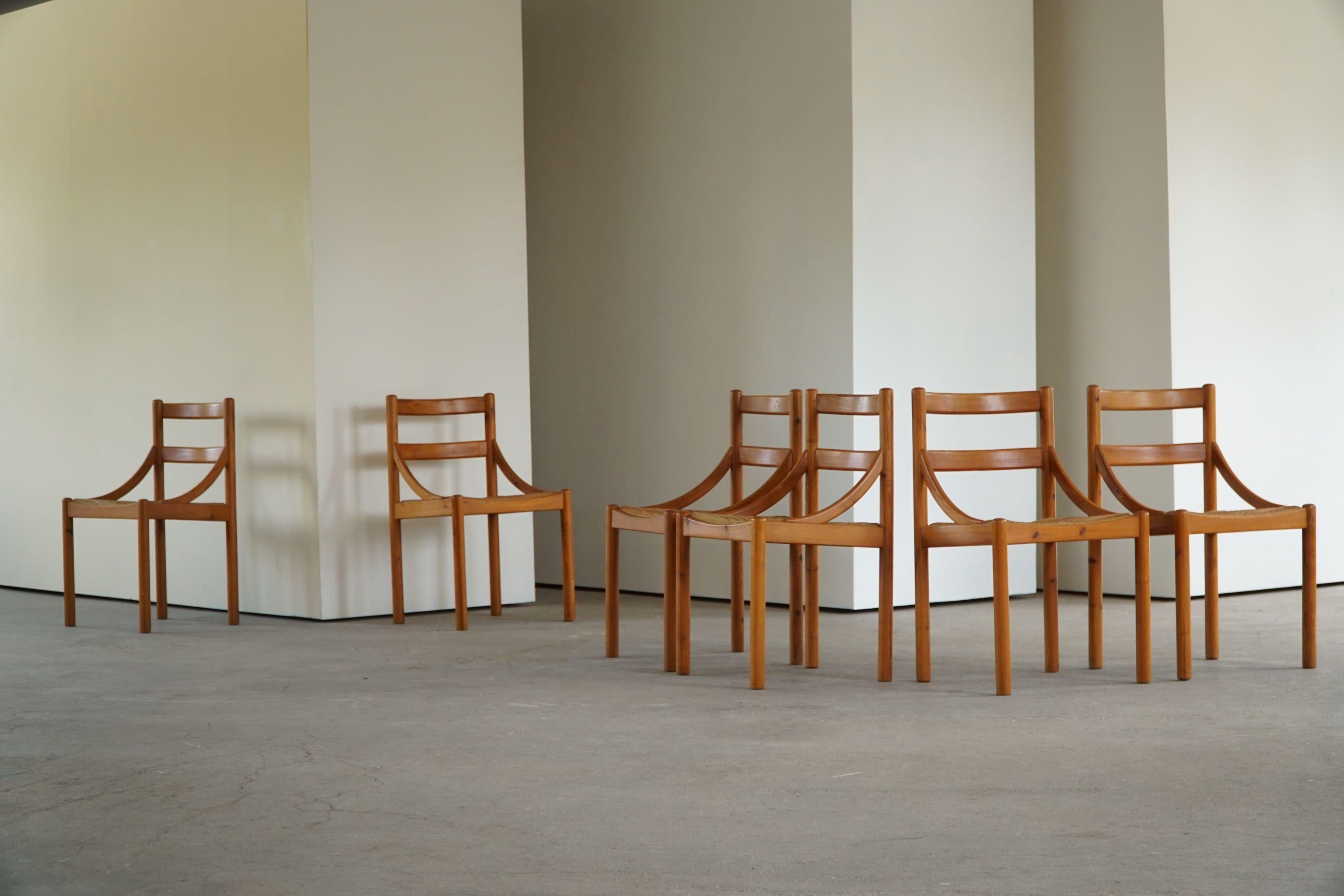 Scandinavian Modern Danish Mid Century, Set of 6 Dining Chairs in Pine & Papercord, Brutalism, 1970s