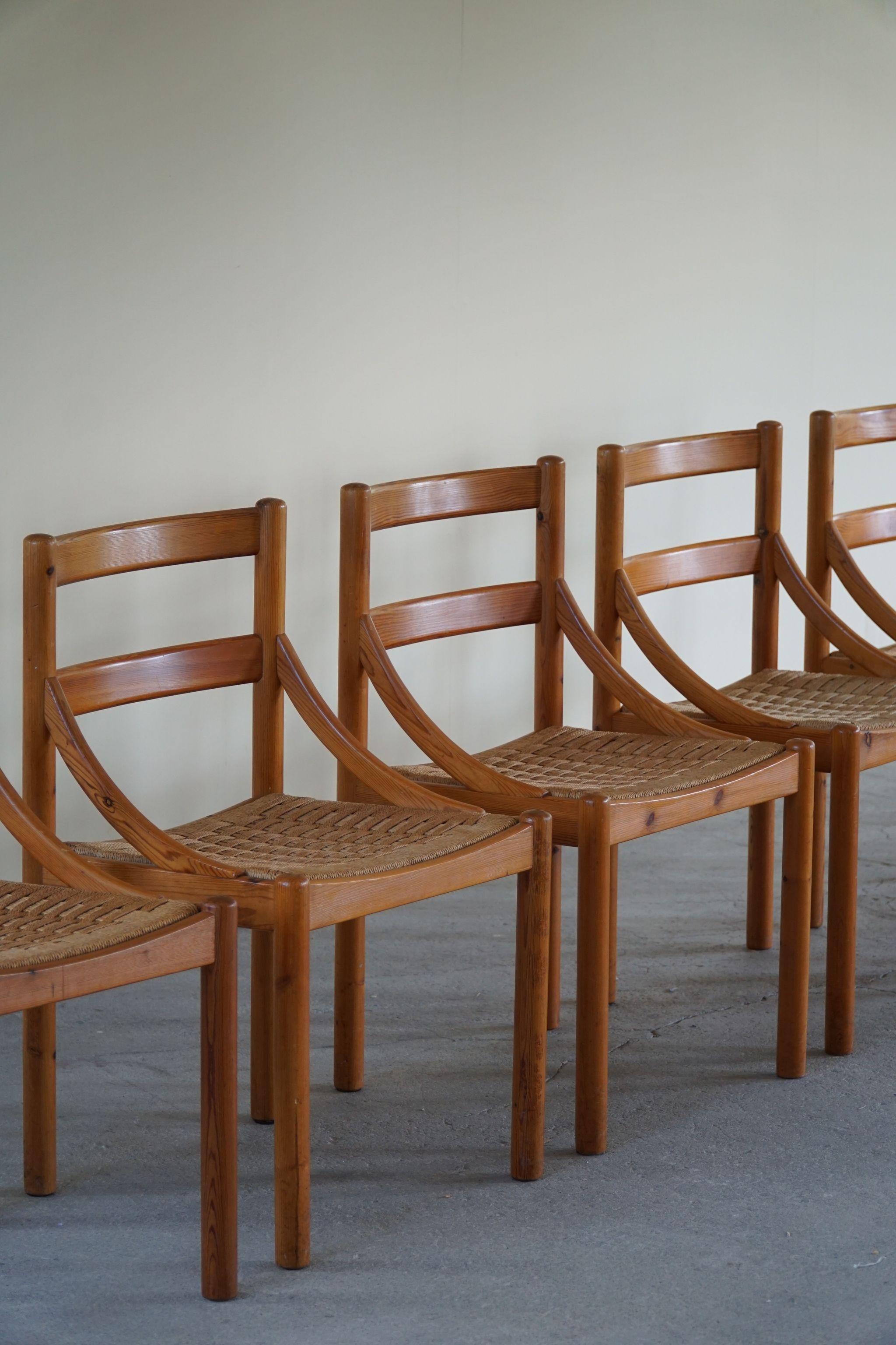Hand-Woven Danish Mid Century, Set of 6 Dining Chairs in Pine & Papercord, Brutalism, 1970s