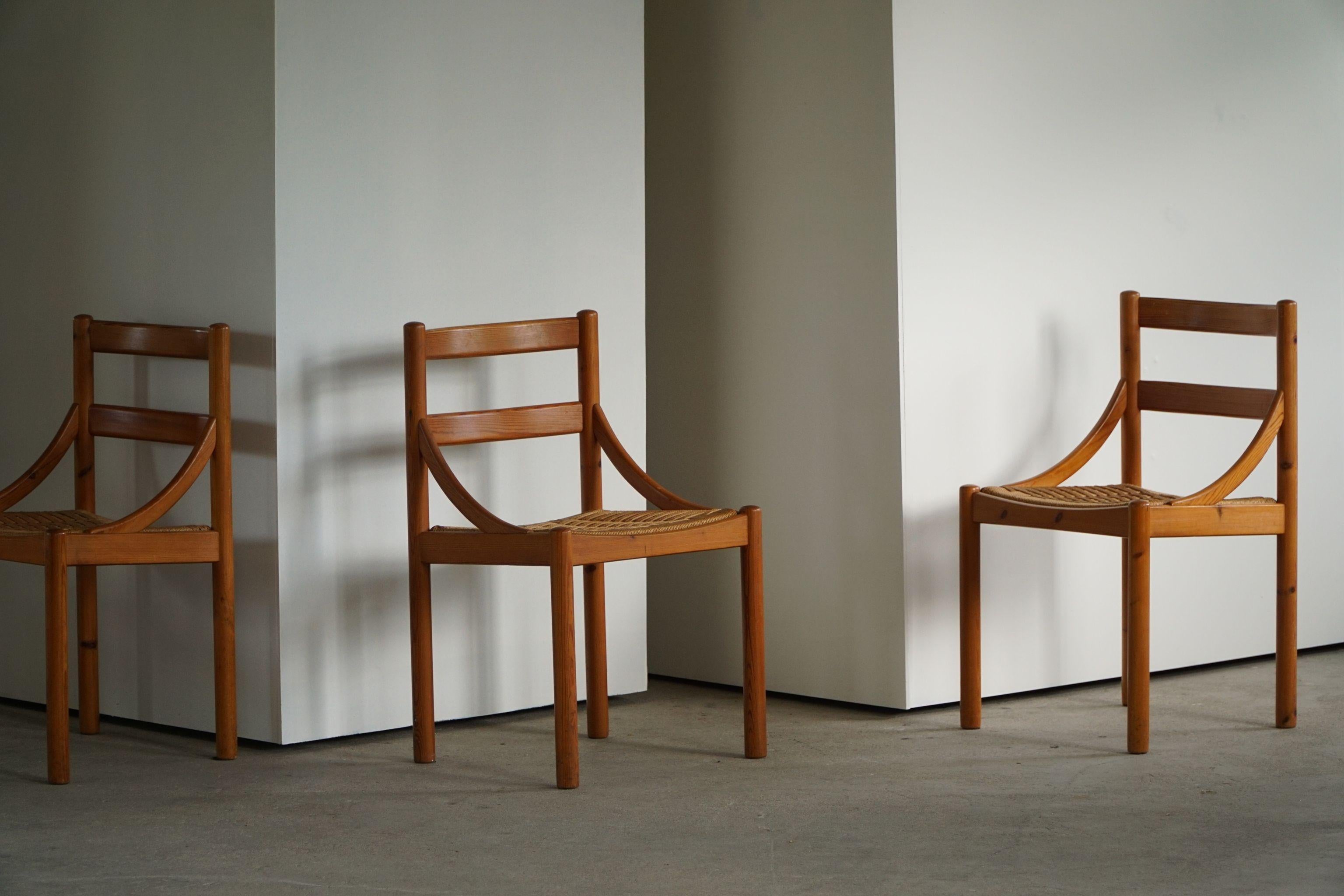 Danish Mid Century, Set of 6 Dining Chairs in Pine & Papercord, Brutalism, 1970s In Good Condition In Odense, DK